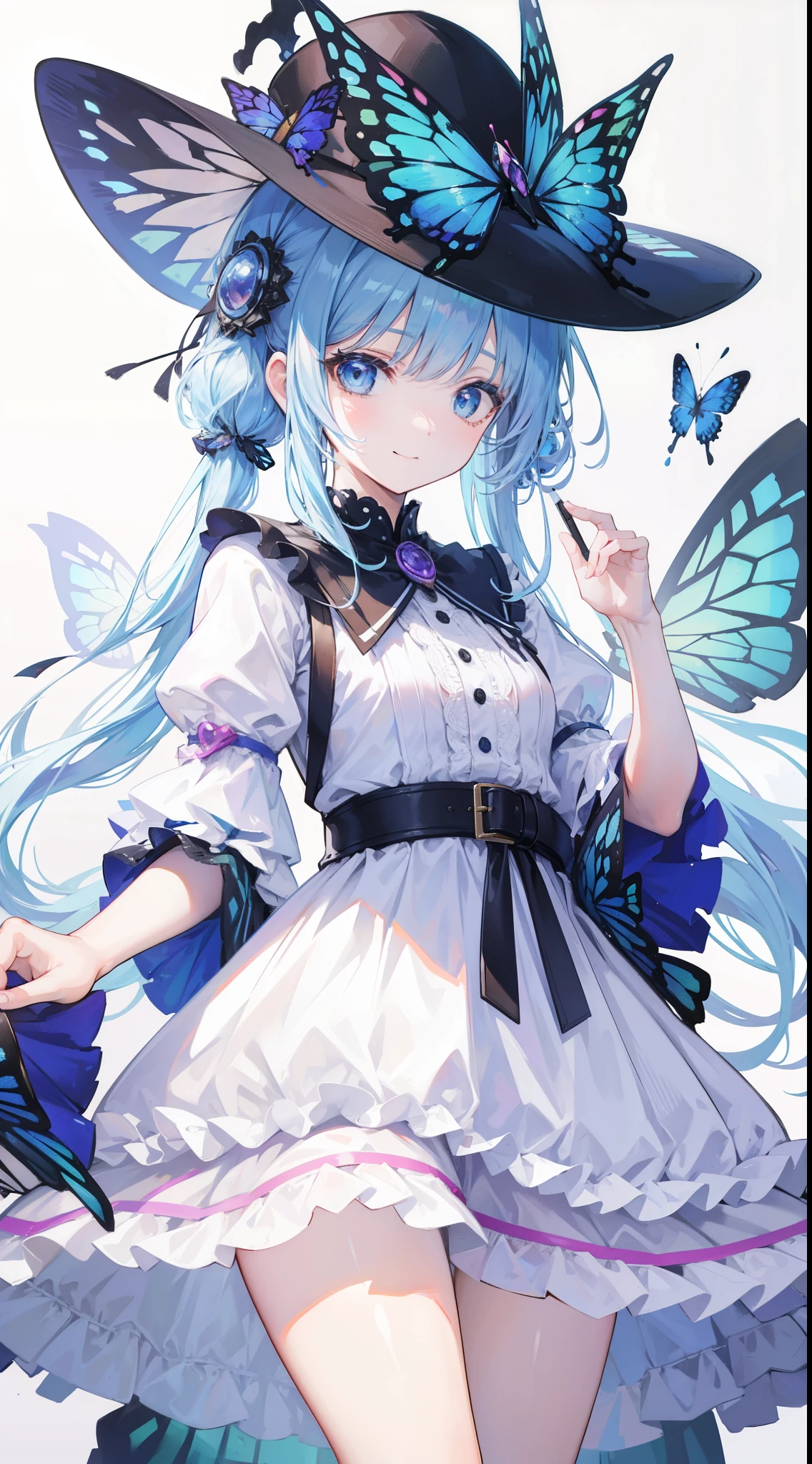 32k, best quality, ultra-detailed, high resolution, perfect anatomy, head on, cute girl, cute dress, cute hat, cute smile, butterfly background, 