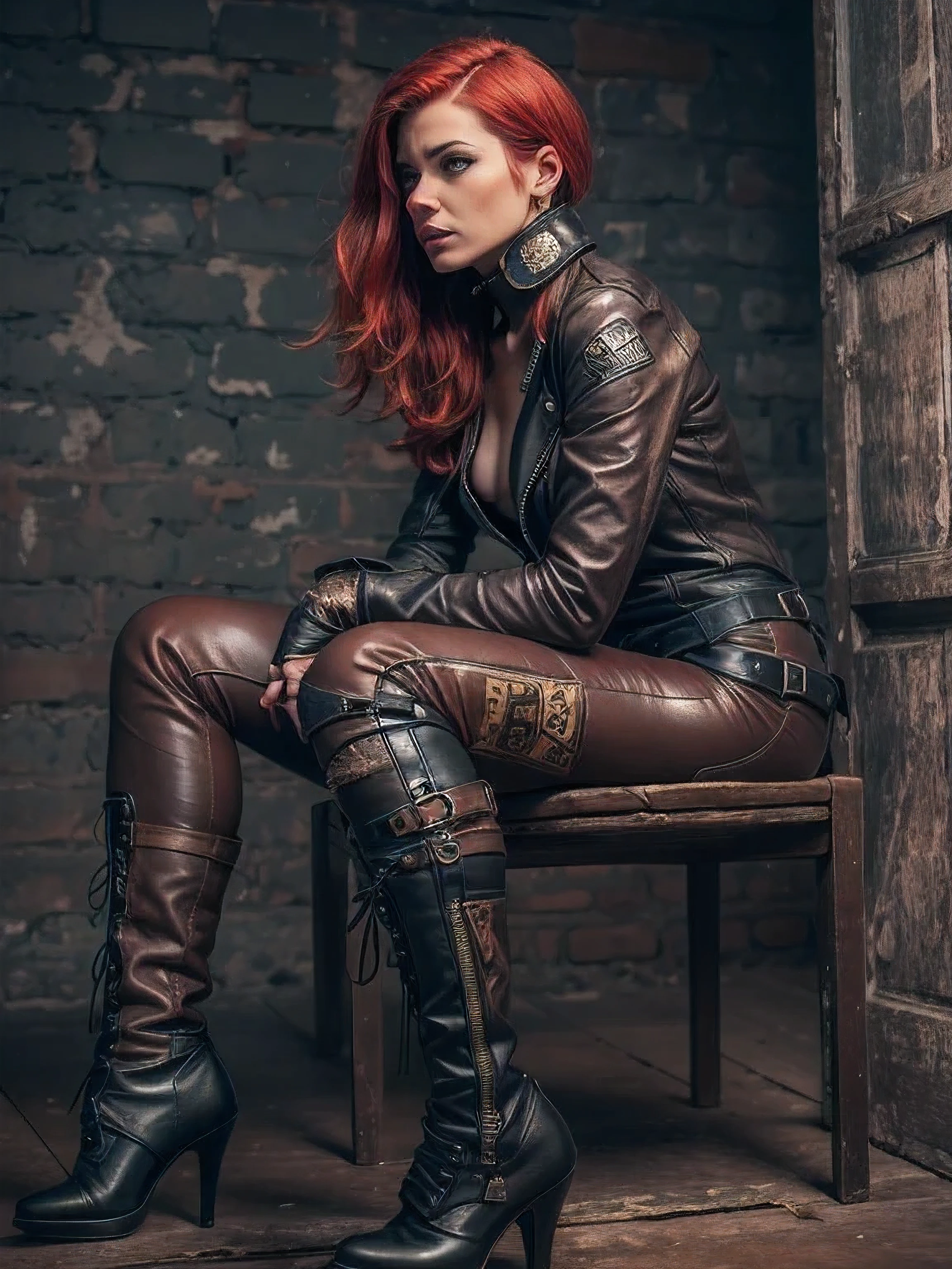Woman awaiting torture session. rough leather pants make it difficult to move, Tight, rough leather suit, Belts make it difficult to breathe, Gothic pattern on pants:1.3, contrast of ecstasy and rough leather clothes, high heels boots. with a feeling of excitement and fear. Copper-red hair