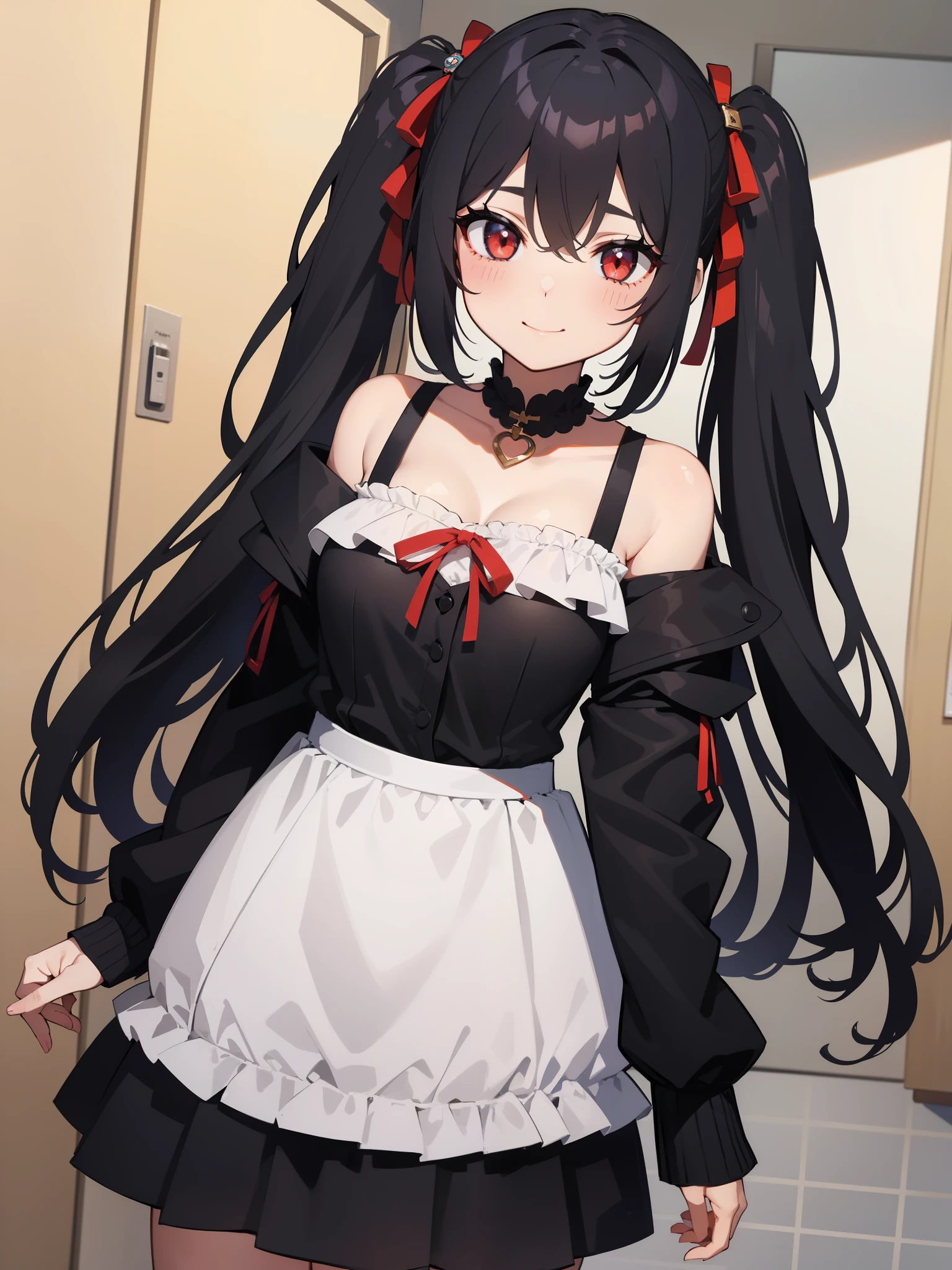1girl, rating:safe, solo, long_hair, smile, red_eyes, black_hair, blush, looking_at_viewer, breasts, hair_rings, skirt, hair_between_eyes, bangs, bare_shoulders, collarbone, striped, eyebrows_visible_through_hair, closed_mouth, sleeveless, dress, diagonal_stripes, hair_ornament, shirt, cleavage, twintails