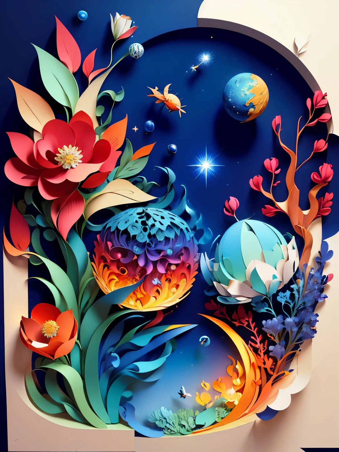 (((masterpiece))),best quality, illustration, earth, water ,fire, wind , space , paper_cut,