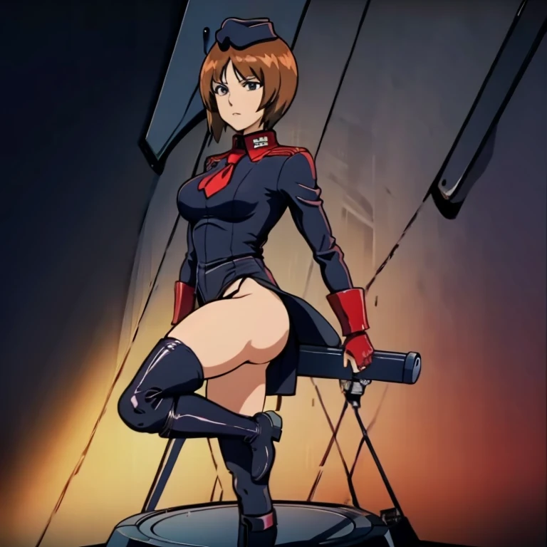 ultra-detailed, Explicit, Beautiful body, Beautiful Nose, Beautiful character design, perfect eyes, perfect face, ultra highres, 4K, beautiful legs, perfect legs, Nice hands, Perfect hand, Masterpiece, Best Quality, Highly detailed, illustration, absurdres, perfect anatomy, expressionless, blank eyes, looking at viewer, emotionless, black latex, corrution, mind control, female combatant, full body, hypnotized, unhappy trance, full body suit, both arms at side, obey, perfect female body, extremely glossy latex, hypnosis, hypnoLora, empty eyes, Mind control device, poses, submissive_pose, Slave, hat, necktie, stand up straight, standing, standing at attention, hat, necktie, belt, latex, thighhighs, garter belt, Fighting Stance, military, thigh boots, 1girl, hair ornaments, jacket, military uniform, long sleeves, black skirt, white pantyhose, black footwear, high heel boots, brown hair, short hair, brown eyes, nishizumi miho, girls und panzer