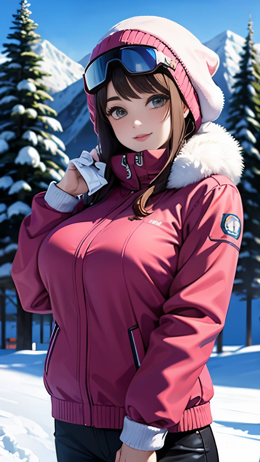 A winter resort with beautiful busty skiers