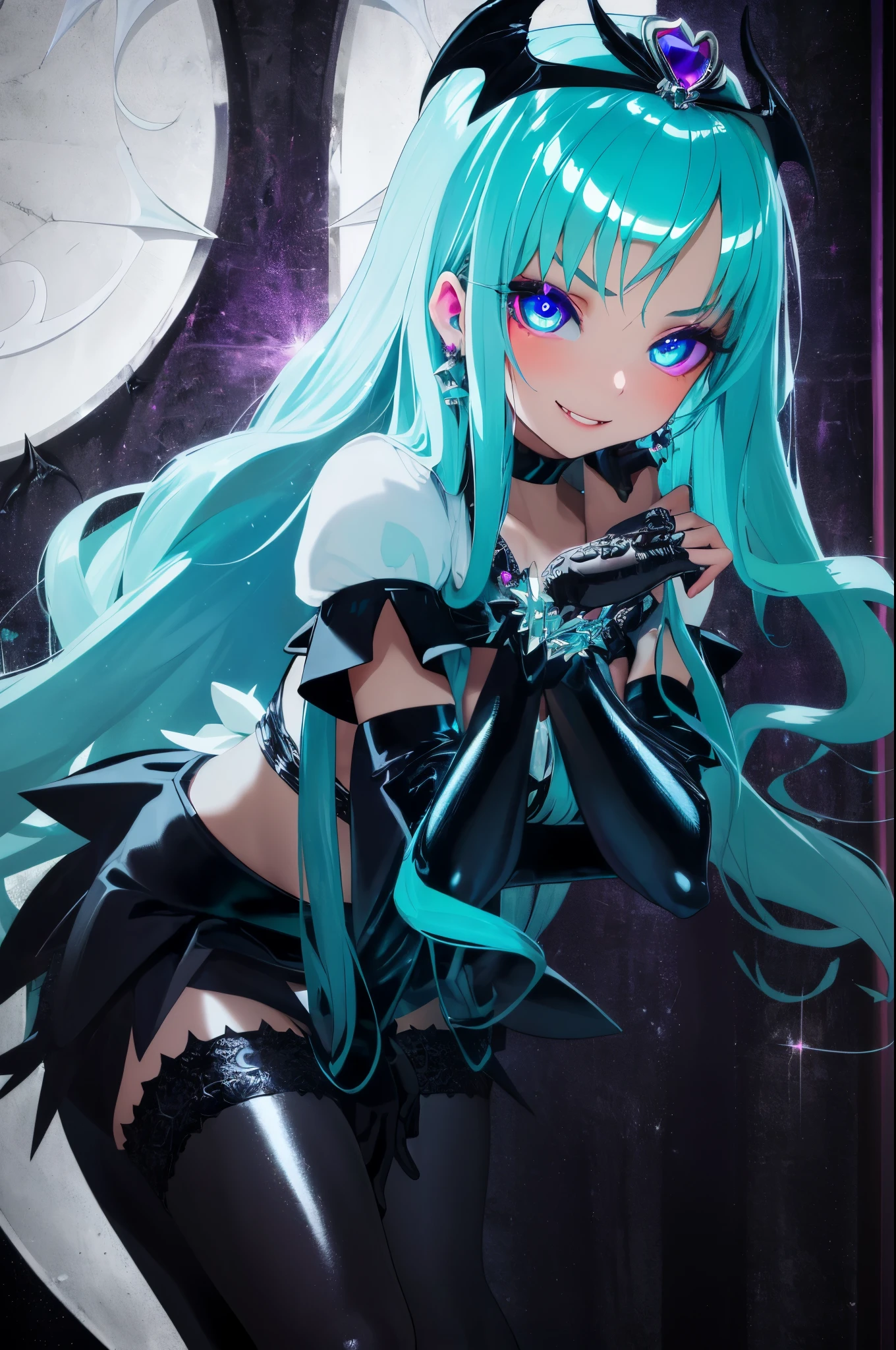 best quality, ultra detailed,1girl, solo, aaerika, aqua hair, long hair, hair ornament, dark blue theme, evil magical girl, dark blue choker ,ribbon, heart brooch, dress, white dress, short sleeves, wrist cuffs, dark blue skirt, thighhighs, black thighhighs, high heels, evil smile, devilish aura (shiny fabric:1.5), full body shot, purple gem, seductive, blush, (beautiful detailed eyes:1.6), extremely detailed face, perfect lighting, extremely detailed CG, (perfect hands, perfect anatomy), devil, red and black color scheme, shiny material, smirks, black ribbon, black satin gloves, bat wings ornament, black frills, jewelry, corruption, latex shine, black gothic cloak, evil grin, dark world background, cg style,