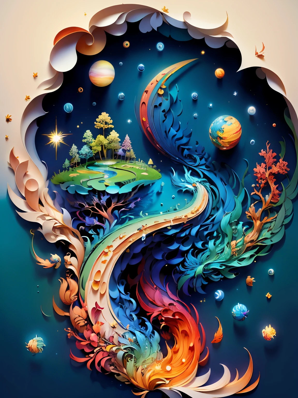 (((masterpiece))),best quality, illustration, earth, water ,fire, wind , space  , paper_cut,