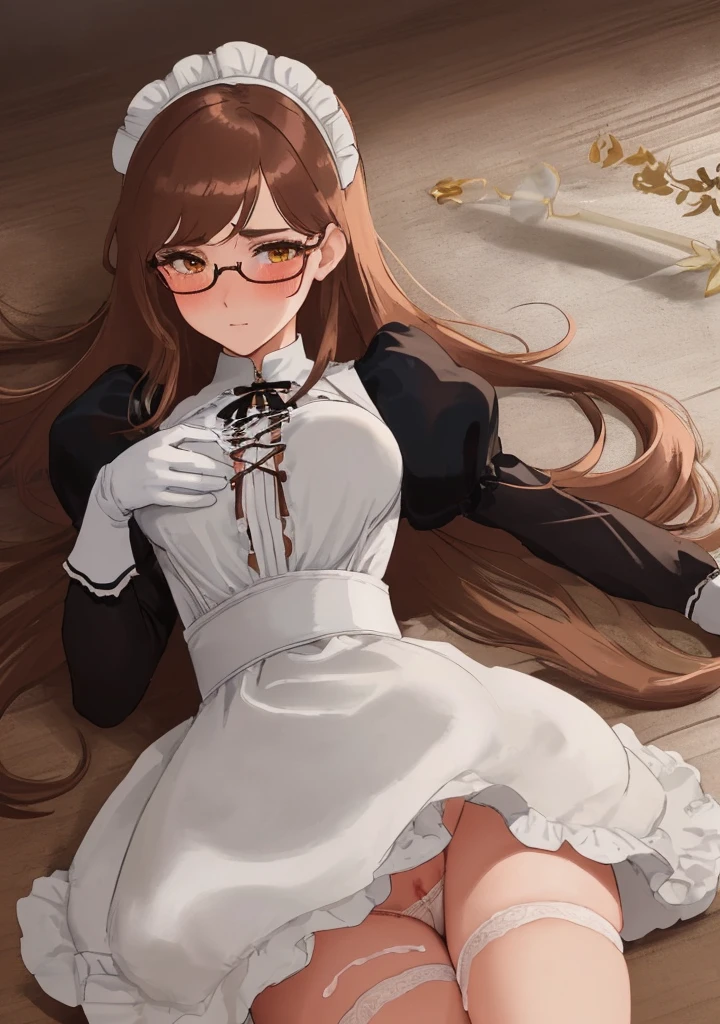 Masterpiece, Best Quality, extremly detailed, Cinematic lighting, intricate detials, hight resolution, official arts, finely detailed beautiful face and eyes, high-resolution illustration, 8K, dark intense shadows, 1girl, medium breast, long brown hair, copper hair tips, brown eyes, glasses, (swept bangs), maid uniform, dark blue dress, black shirt, puffy sleeves, long sleeves, (white waist apron), white gloves, maid headdress, lace-up white panties, broken look, broken, blushing, tears, cum, blood, cum and blood flowing out of pussy, bare breasts, pubic hair, show pussy, lying on the floor