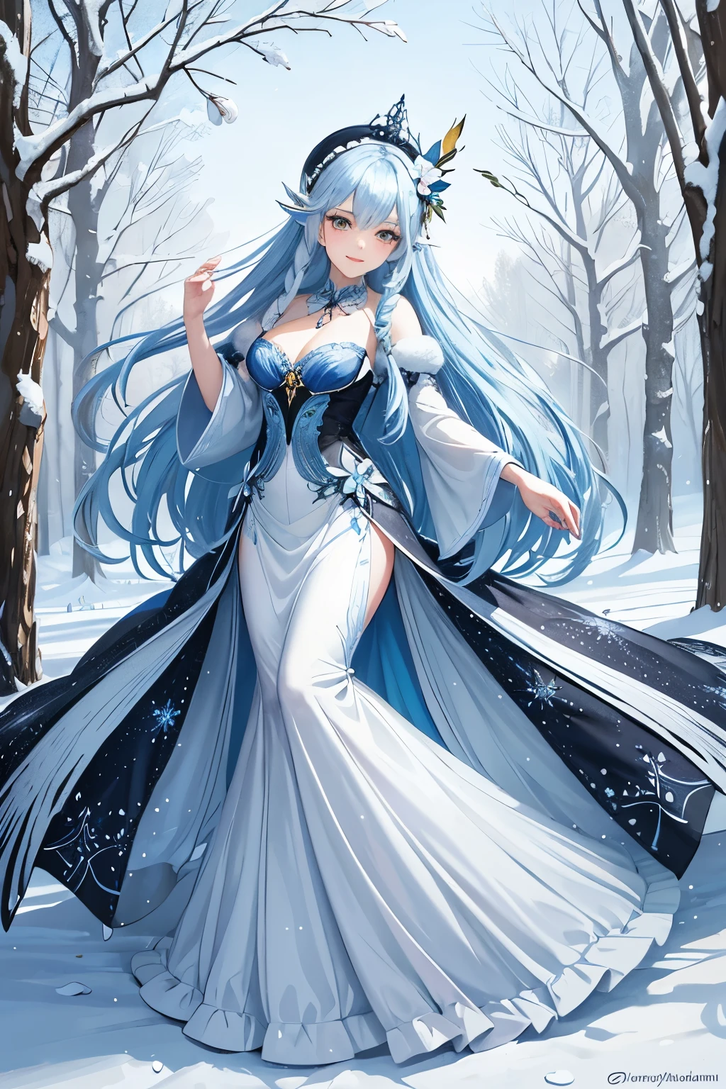 Masterpiece ((blue snowdrop fairy, full body shot with winter landscape)):

An enchanting and exquisitely charming little snowdrop fairy, with shimmering black long hair adorned with a delicate blue snowdrop flower as a hat, dons an ethereal, full-length blue dress. This charming creature, renowned for her shy and sweet smile, gracefully traverses through a breathtaking snowdrop meadow, her presence heralding the arrival of spring.

This masterpiece is a culmination of artistic genius, brought to life by the virtuosos: Anna Dittmann, Monge, Rackham, Merriam, and Audubon.