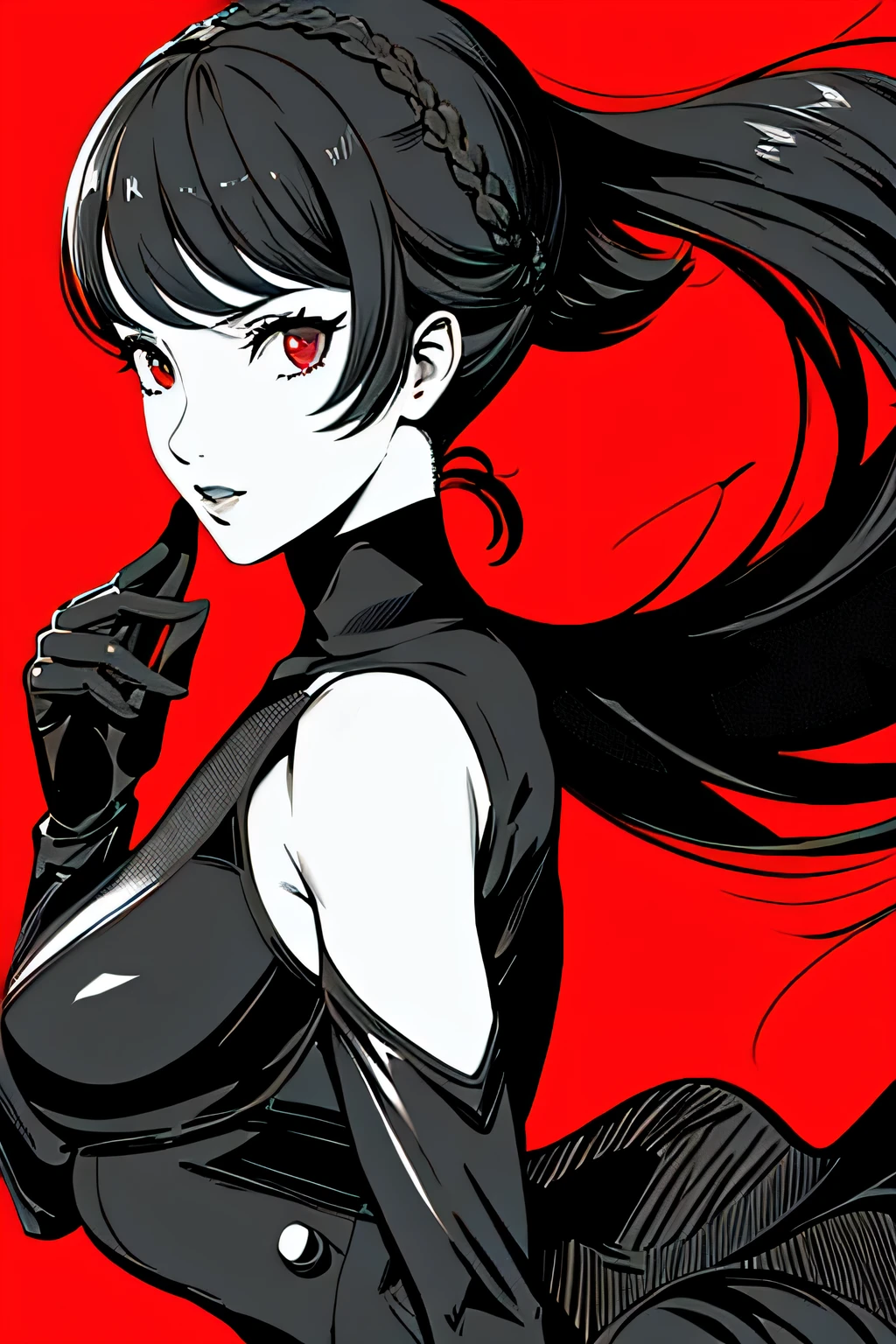 red_black_white,(masterpiece, highest quality:1.3), 1 girl, cel shading, bold outline, flat color, sharp shadows, graphic style, (Manga influence), beautiful line drawing, (striking visuals),colorful background