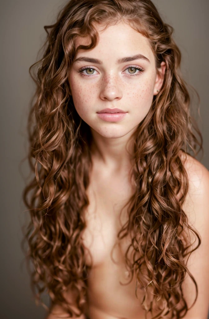 Young woman with fair skin, adorned with freckles on her cheeks, Full body photography, displays an athletic figure. The ultra-realistic photograph, large breasts 36DD, taken with a high-fidelity camera, captures every intricate detail of her skin texture, the vibrant color and natural curls of her red-brown hair, and the captivating depth of her brown eyes. Her curly locks cascade down in luscious waves, each strand shimmering under the soft, natural light. The freckles on her cheeks add a charming touch to her flawless complexion, giving her a youthful and playful look. photograph taken at night. She is wearing jeans and a black button up shirt, full body photograph, photograph taken at night.