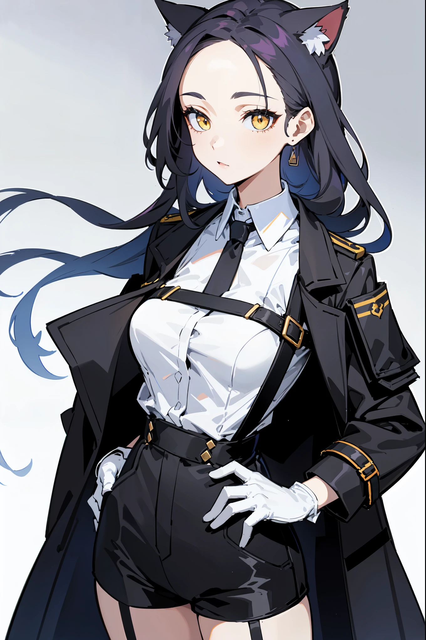 1girl, young woman, solo, dark blue hair, long hair, big hair, (forehead), cat ears, yellow eyes, medium breasts, neutral, (overcoat, black coat, open coat:1.2), white shirt, collared shirt, (chest harness, shoulder strap:1.15), black shorts, garter belt, thighighs, gloves, elegant, looking away, simple background, mostard color background, standing, focus hands on hips, close-up, face only, masterpiece, best quality, 4k
