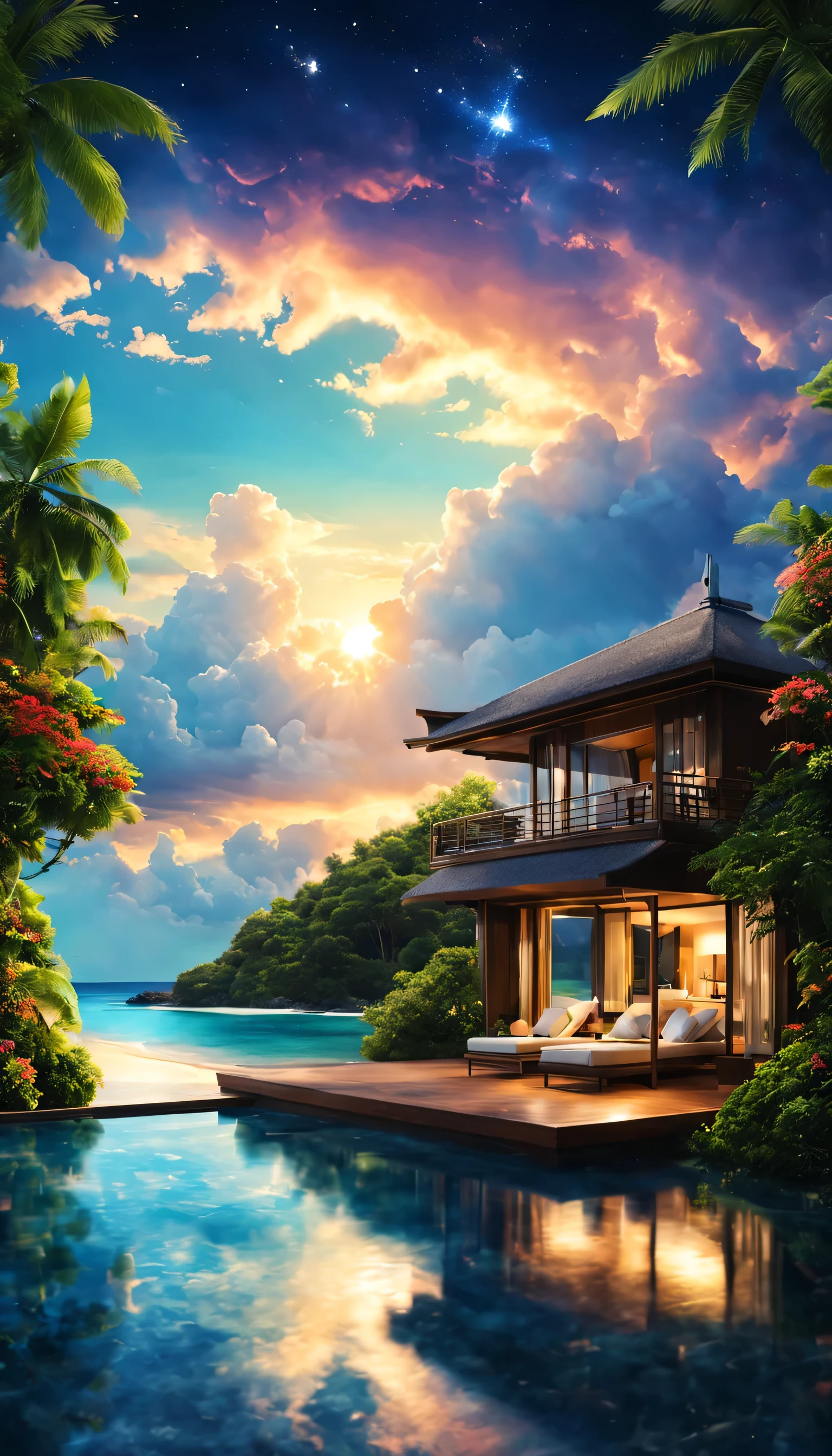 最高のリゾート地の風景photograph,beautiful sea,高品質でwonderful家具:designer furniture,A beautiful sky spreads out,dream-like,summer,cloud,sky blue,Marine Blue,wonderful景色が広がります,Luxury Resorts,luxurious space,Velar,An environment surrounded by rich nature,the best time for you,highest quality,photograph,structurally correct,perfect composition,広告用に撮影されたphotograph,beautiful light and shadow,Photographed by a professional photographer,Selected as the best resort,rich colors,Cast colorful spells,be familiar with,fantastic,wonderful,maldives,light effect,Sparkling,reflection,night,night空,star