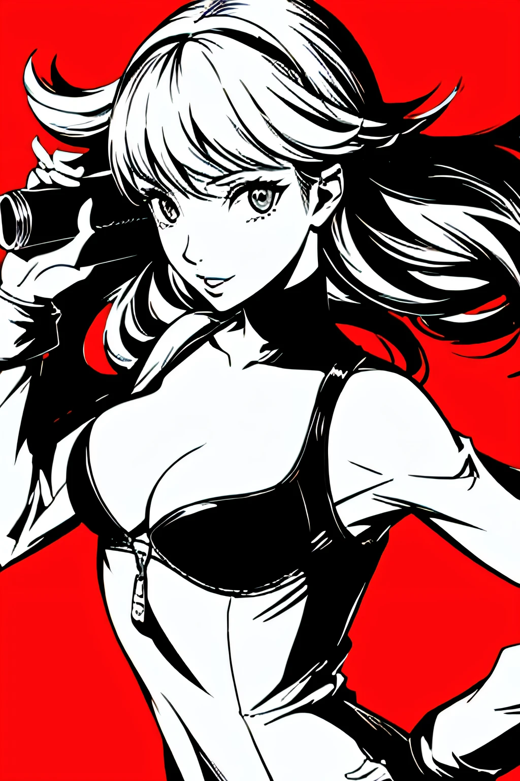 red_black_white,(masterpiece, highest quality:1.3), 1 girl, cel shading, bold outline, flat color, sharp shadows, graphic style, (Manga influence), beautiful line drawing, (striking visuals),colorful background