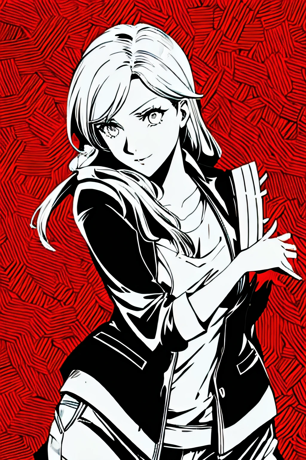 red_black_white,(masterpiece, highest quality:1.3), 1 girl, cel shading, bold outline, flat color, sharp shadows, graphic style, (Manga influence), beautiful line drawing, (striking visuals),colorful background