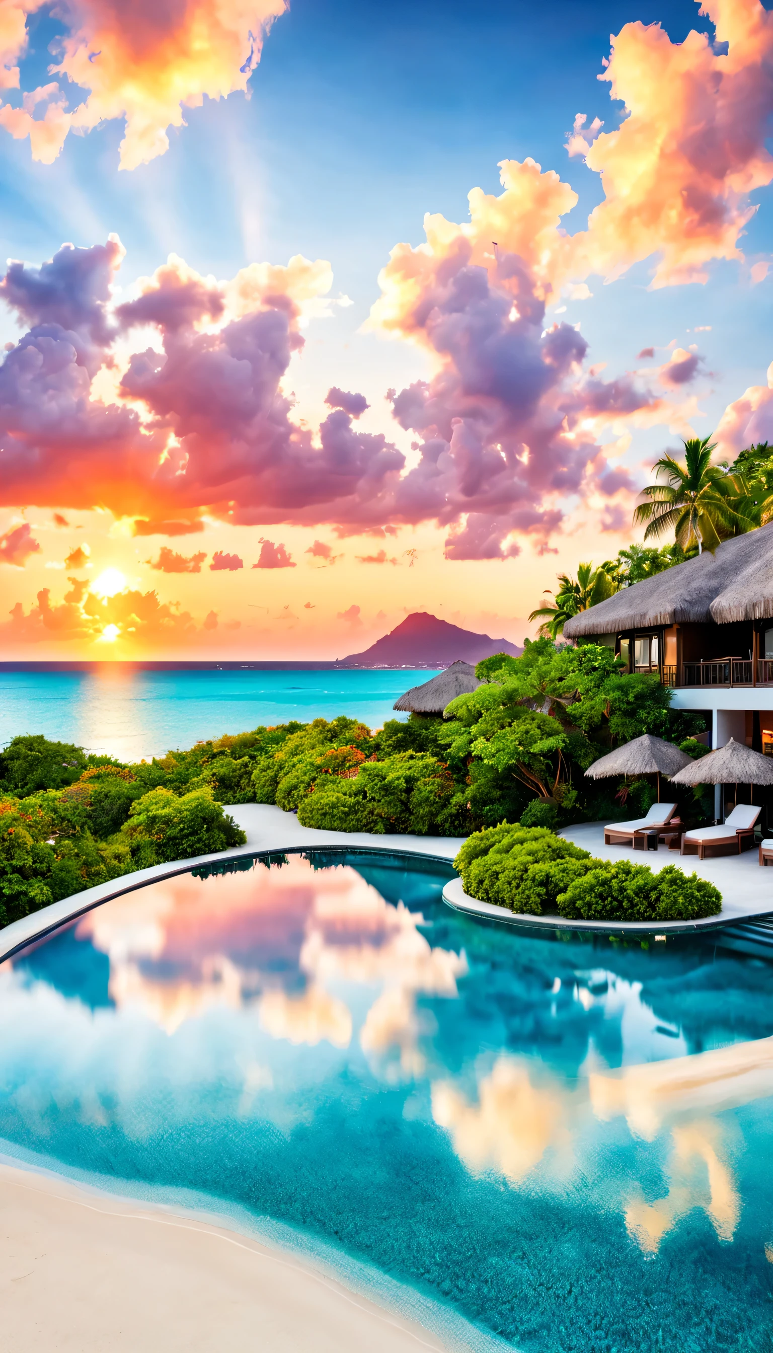 最高のリゾート地の風景photograph,beautiful sea,高品質でwonderful家具:designer furniture,A beautiful sky spreads out,dream-like,summer sunshine,cloud,sky blue,Marine Blue,wonderful景色が広がります,Luxury Resorts,luxurious space,Velar,An environment surrounded by rich nature,the best time for you,highest quality,photograph,structurally correct,perfect composition,広告用に撮影されたphotograph,beautiful light and shadow,Photographed by a professional photographer,Selected as the best resort,rich colors,Cast colorful spells,be familiar with,fantastic,wonderful,maldives,light effect,Sparkling,reflection,sunset,beautiful sunset