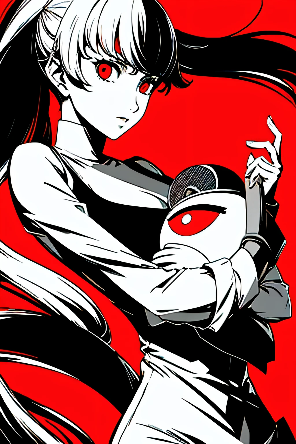 red_black_white,(masterpiece, highest quality:1.3), 1 girl, cel shading, bold outline, flat color, sharp shadows, graphic style, (Manga influence), beautiful line drawing, (striking visuals),colorful background