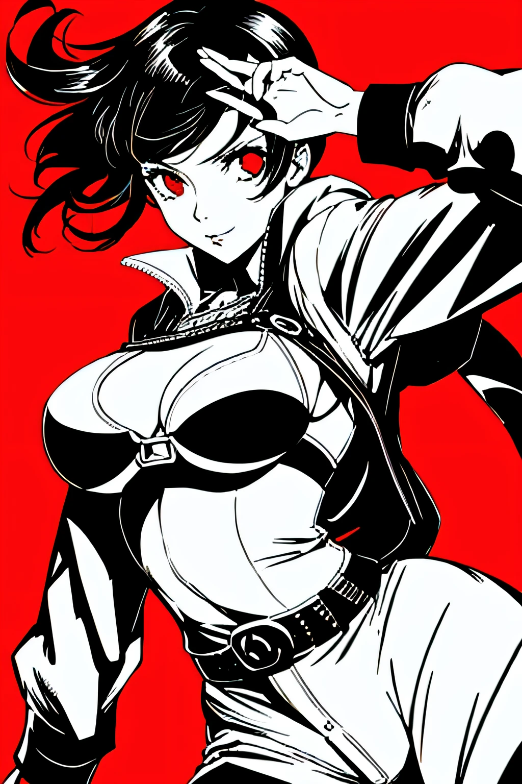 red_black_white,(masterpiece, highest quality:1.3), 1 girl, cel shading, bold outline, flat color, sharp shadows, graphic style, (Manga influence), beautiful line drawing, (striking visuals),colorful background