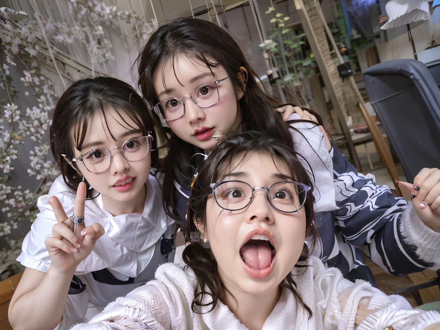 Three girls taking selfies with their mobile phones, student, wear glasses, The face is wet!!, 8k自拍photo, !!wear glasses!!, Very very low quality picture, wear glasses的, photo, Very very low quality, 3. Joy, Wearing round glasses, 用户photo, Wearing small round glasses, Shot with Sony alpha 9