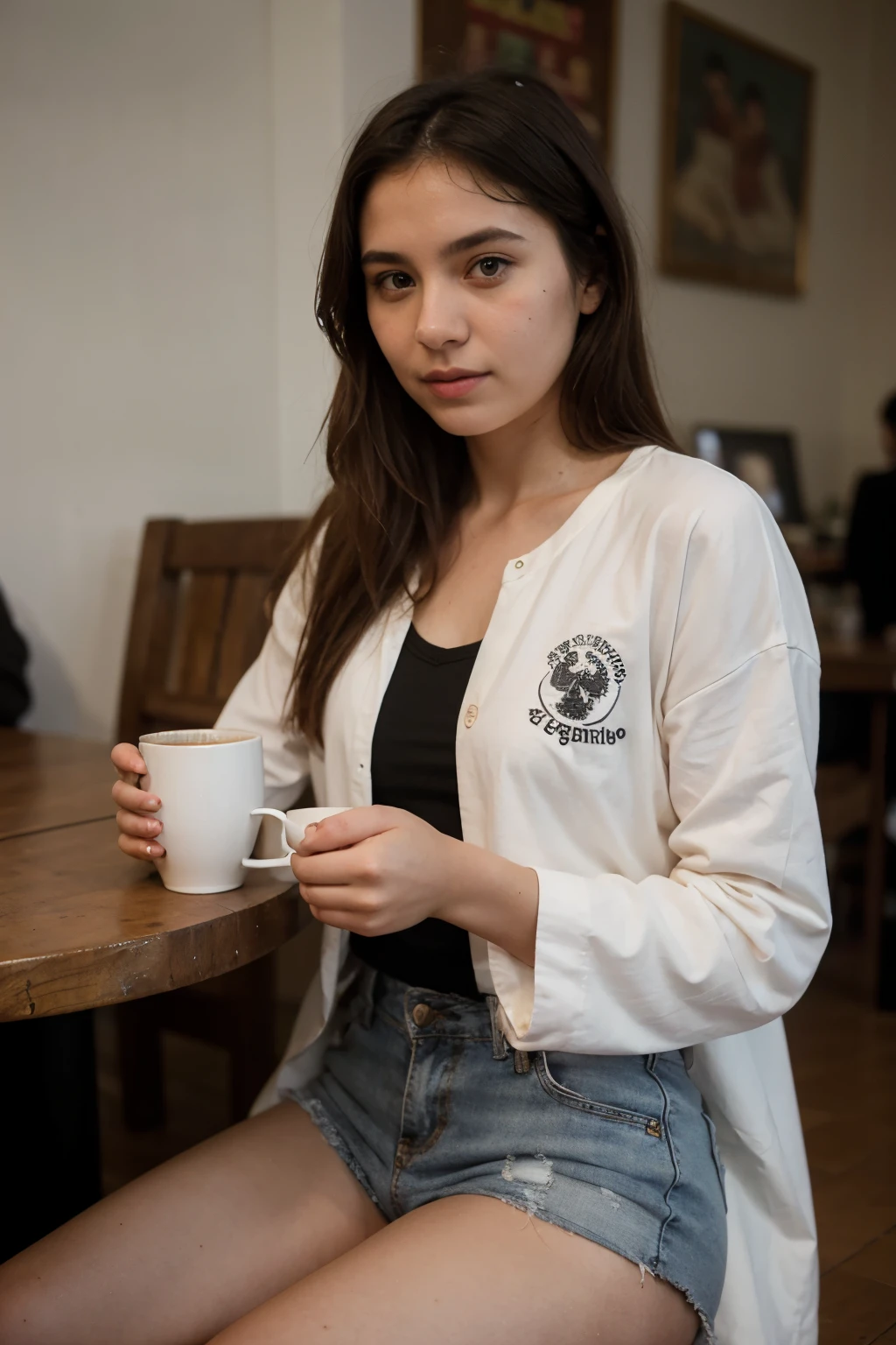 photograph of a 20 year old woman, con blusa blanca y pantalon negro, tomando cafe en oaxaca.