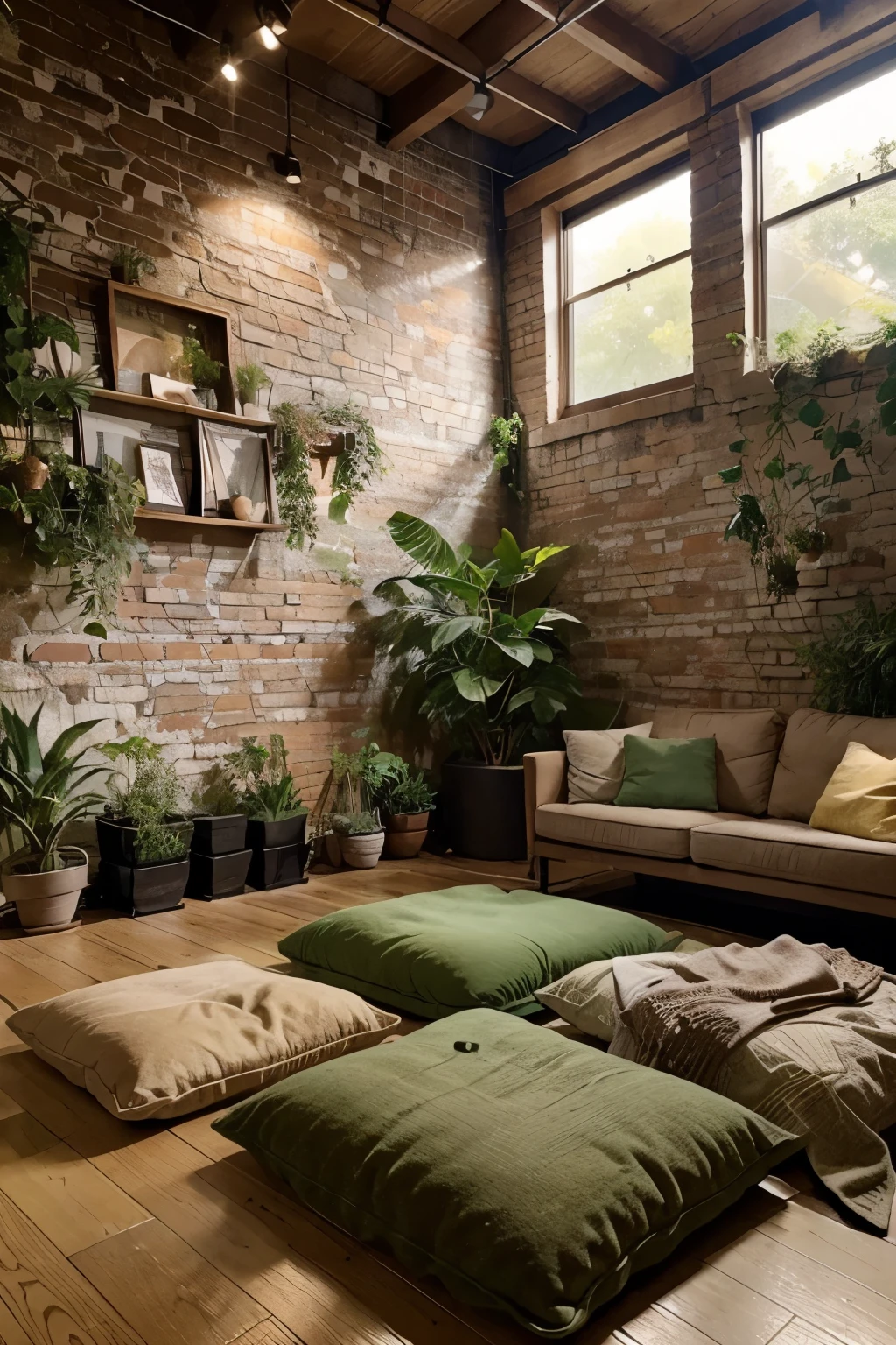 Imagine a musical studio bathed in soft light, where musical notes dance through the air like leaves in the wind. In the center of the studio, there is a mixing table surrounded by lush plants, creating a relaxing and natural atmosphere.

The musical notes take on ethereal forms, floating around the plants as if they were musical petals. The color palette is gentle, with shades of green from the plants contrasting with warm tones of amber and golden ambient lighting.

In the background, an exposed brick wall adds an industrial and cozy touch. On the floor, soft rugs and cushions invite visitors to sit and absorb the relaxing music that fills the space.

This image represents a balance between nature, music, and comfort, creating a welcoming environment where lo-fi chill out comes to life. Use these elements when creating the image in your preferred art generator to convey the unique atmosphere of Rodis and Troy Studio.