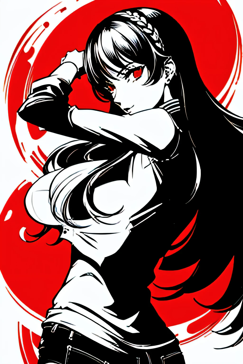 red_black_white,(masterpiece, highest quality:1.3), 1 girl, cel shading, bold outline, flat color, sharp shadows, graphic style, (Manga influence), beautiful line drawing, (striking visuals),colorful background