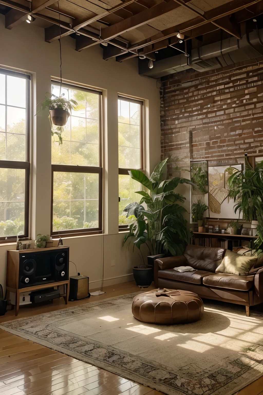 Imagine a musical studio bathed in soft light, where musical notes dance through the air like leaves in the wind. In the center of the studio, there is a mixing table surrounded by lush plants, creating a relaxing and natural atmosphere.

The musical notes take on ethereal forms, floating around the plants as if they were musical petals. The color palette is gentle, with shades of green from the plants contrasting with warm tones of amber and golden ambient lighting.

In the background, an exposed brick wall adds an industrial and cozy touch. On the floor, soft rugs and cushions invite visitors to sit and absorb the relaxing music that fills the space.

This image represents a balance between nature, music, and comfort, creating a welcoming environment where lo-fi chill out comes to life. Use these elements when creating the image in your preferred art generator to convey the unique atmosphere of Rodis and Troy Studio.