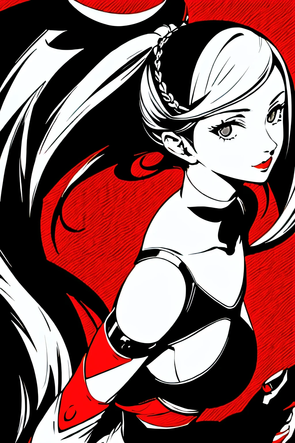 red_black_white,(masterpiece, highest quality:1.3), 1 girl, cel shading, bold outline, flat color, sharp shadows, graphic style, (Manga influence), beautiful line drawing, (striking visuals),colorful background