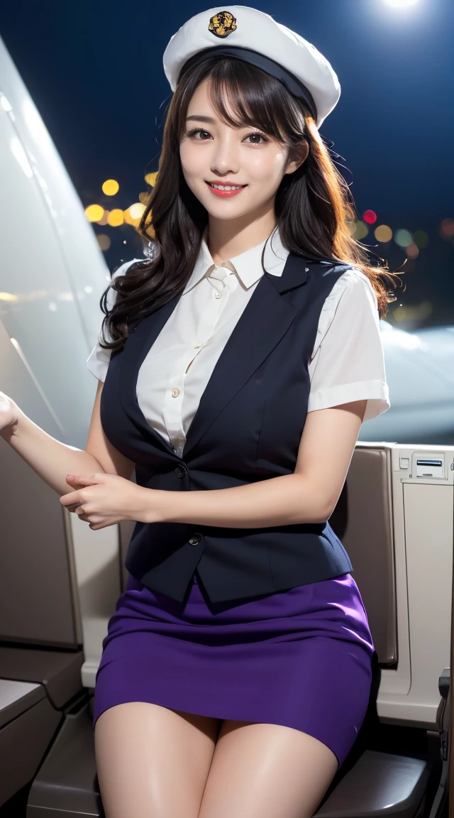 (((opened her legs apart、opened the legs apart)))、(((full body,including legs、sitting down,opened legs apart)))、(((perfect uniform of Japanese stewardess, perple uniform,purple vest-dress uniform、purple small hat, (black high-heel),  little smile,white blouse,tight blouse、purple tight skirt))), white gloves, short gloves,  high heel、(((transparant nipples,stands out nipples))),Dressed up、(Photo real:1.4)、(A hyper-realistic:1.4)、(Photorealistic:1.3)、 (gentle lighting: 1.05)、(Improve the lighting quality of your video:0.9)、32k、 1Girl、28years old girl、photorealistic lighting、Back lighting、Facial Lights、Ray Trace、(bright:1.2)、(Increase quality:1.4)、 (best quality real texture skin)、Fair eyes,Delicate and delicate face, Close-up of the breasts, white blouse,tight blouse,tight jump-skirt , (Bodyline mood improvement:1.1)、Glossy skin、wavy hair,blonde hair,韓国アイドル、乃木坂アイドル、Sculptural Idol Pose、little smile,blush,Beautiful actress、Neat woman,whole body, (((midium breasts,beautiful breasts))),(perfect row of teeth),slender waist and hip,beautiful long legull shot)、((8heads tall)、(((誘惑している、恥ずかしい)))、(((opened her legs apart、opened the legs apart)))、 dynamic pose,gravure pose,(eye shadow),((red cheek、red lips)),Super Clean Night View、night time、blush,little smile,(((full shot)))、Super Clean Night View、night time、blush,little smile,(((in the air plane))),