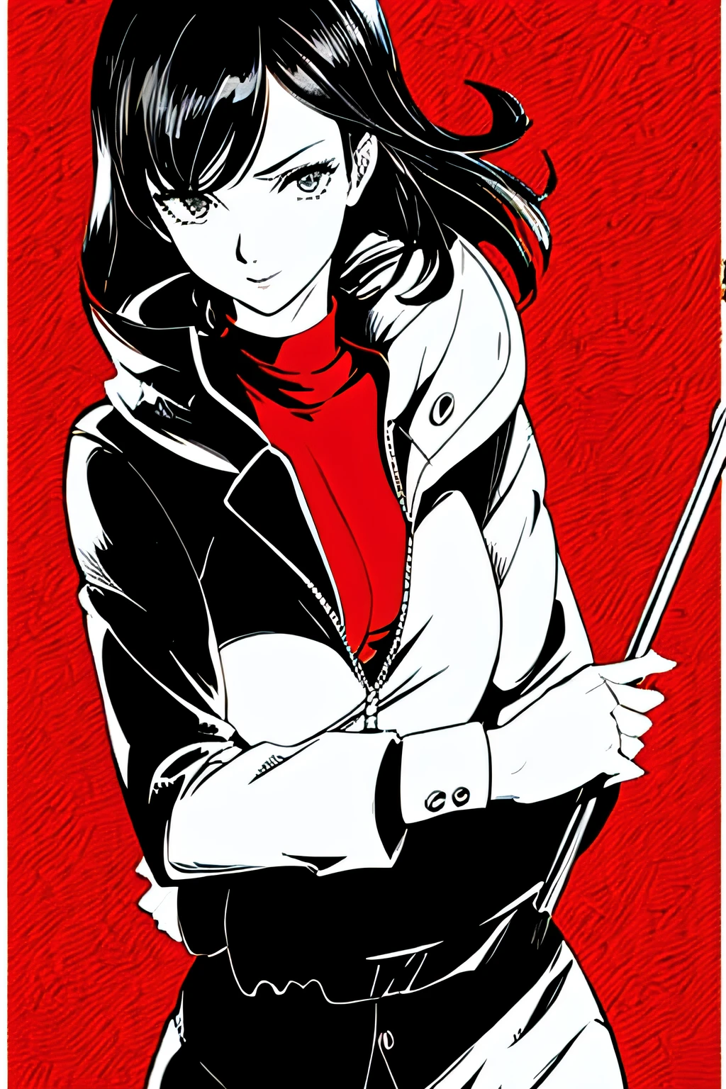 red_black_white,(masterpiece, highest quality:1.3), 1 girl, cel shading, bold outline, flat color, sharp shadows, graphic style, (Manga influence), beautiful line drawing, (striking visuals),colorful background