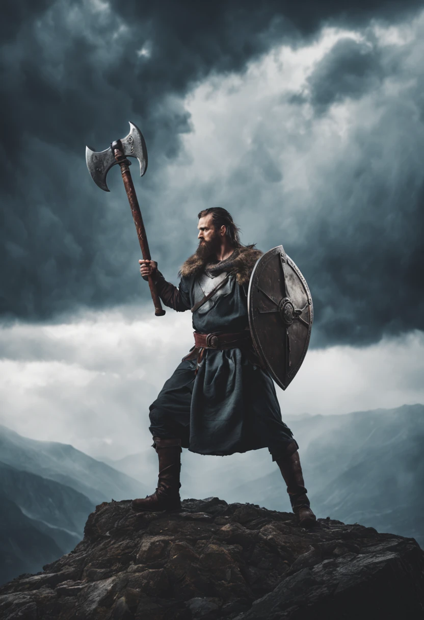 medieval warrior holding a huge double edged battle axe on top of mountain, cinematic moody style, stormy clouds with lightning