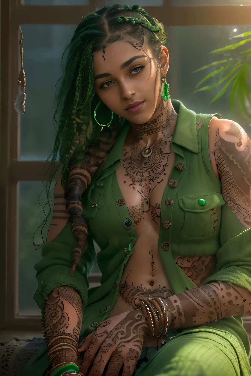 (extremely detailed CG unity 8k wallpaper:1.0), (best shadow), soft lighting, HDR, (short dark-skinned nerdy Moroccan girl), (small :1.1), dark areolas, long wet braided hair, center of frame, (realistic:0.8), ((young, cute, in school window, 1girl, green iris, (nude:0.8), (emerald inlay bracelets and armlets), solo focus, (open ribbed sleeveless green cardigan), henna tattooed hands and arms, wet button-up shirt, hairy pubes, (plump belly with tattoo above daintily pierced navel), model pose, looking at viewer)), sitting on window sill, (tall potted cannabis sativa plant on window sill), cowboy shot, smirking, depth of field