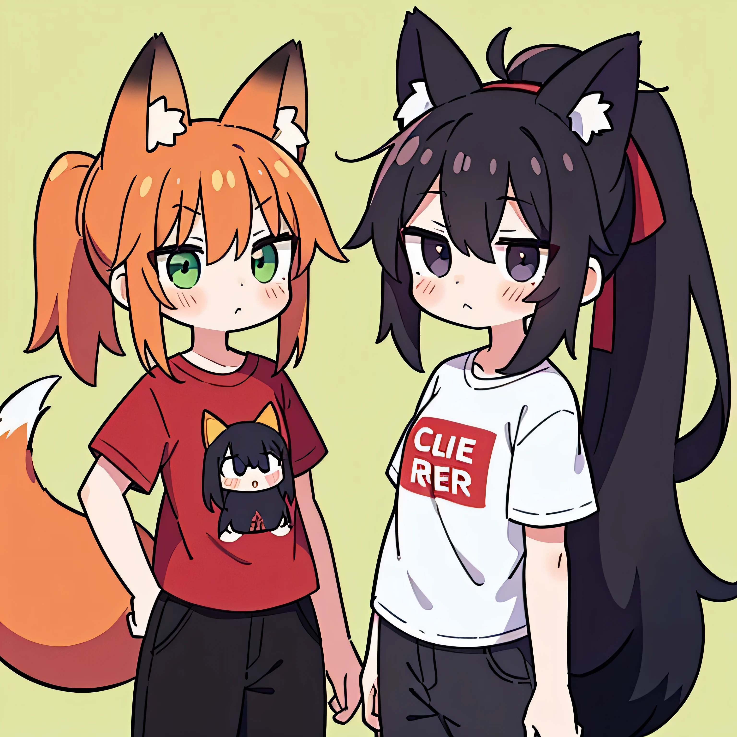 2girls, :<, animal ear fluff, animal ears, black eyes, black hair, blush, fox ears, fox girl, fox tail, green eyes, long hair, looking at viewer, multiple girls, pants, ponytail, red hair, shirt, short sleeves, tail, white shirt