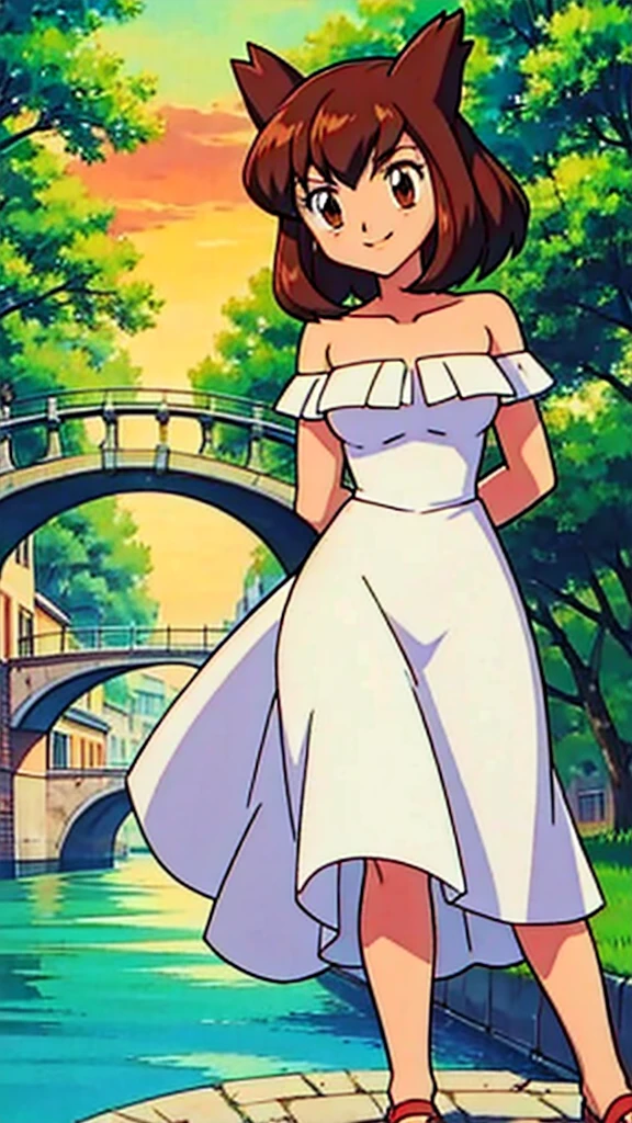 Bianca (pokemon heroes), 1 girl, solo, short hair, brown hair, brown eyes, bare shoulders, strapless, white ruffle off the shoulder lace, white maxi dress, close up headshot, intricate details, sharp focus, high resolution, the background of beautiful flower park with trees and canals with a bridge, beautiful sunset, smile, white slipper, walking, arms behind back