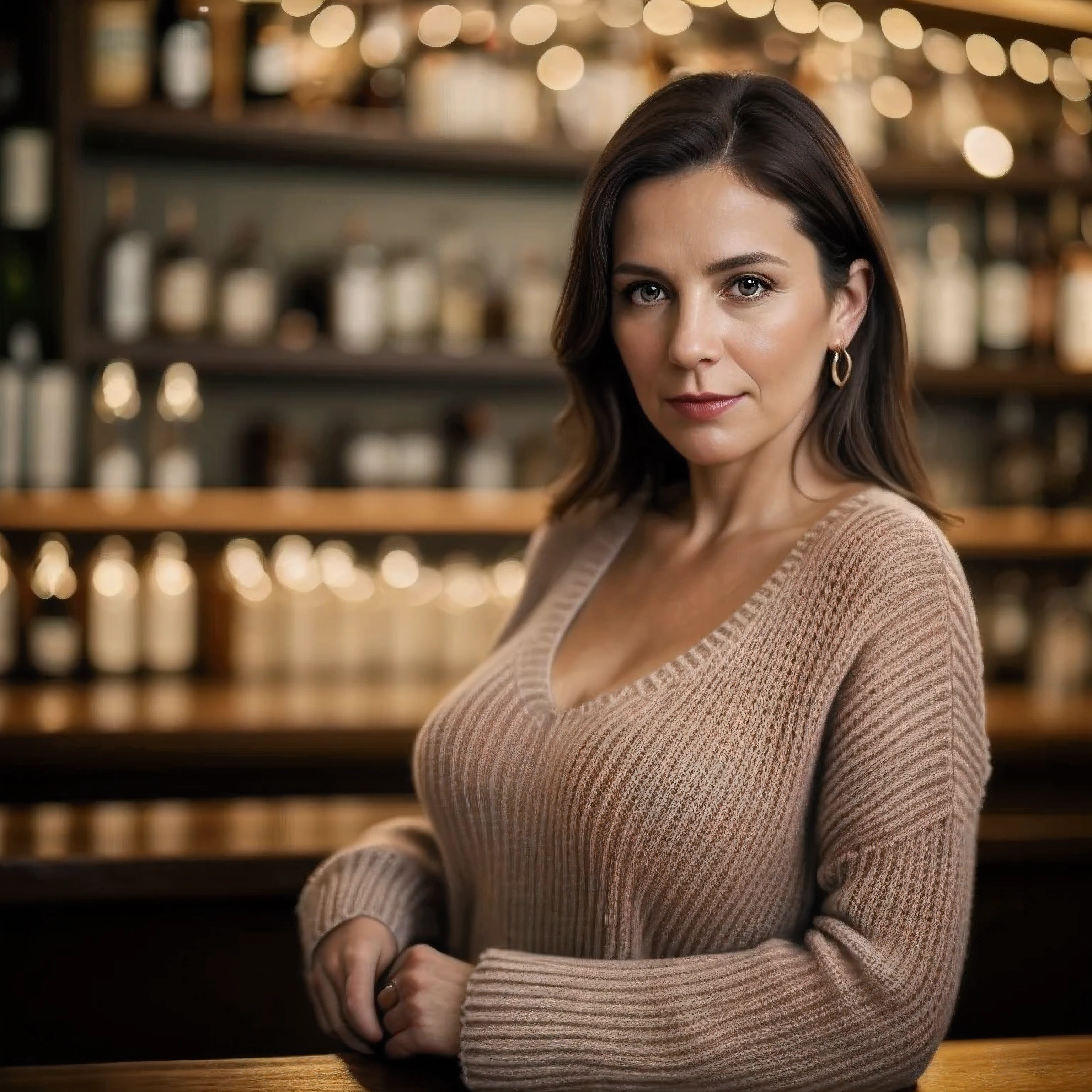 Portrait of a middle aged German woman, fifty years old, cute face, slim and thin body, Torptits, (large saggy tits:1.1), Huge Nipples, wearing a (Sexxy Sweater:1.2), standing at the bar, bokeh background, simple background, (highly detailed skin:1.0), (masterpiece:1.2) (photorealistic:1.2) (bokeh) (best quality) (intricate details) (8k) (HDR) (analog film) (canon d5) (cinematic lighting) (sharp focus),