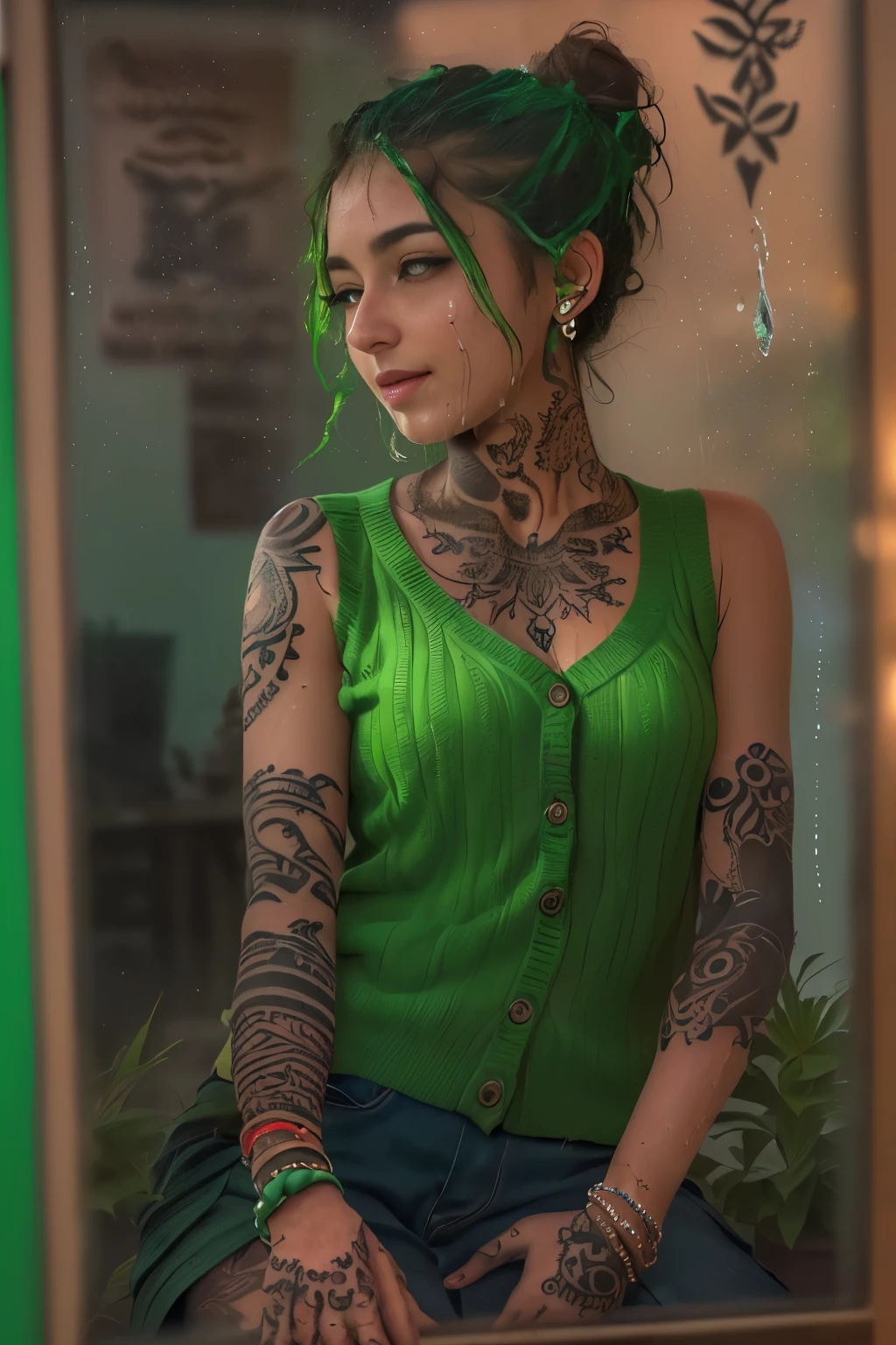 (best shadow), soft lighting, HDR, (short dark-skinned nerdy Moroccan girl), (small :1.1), dark areolas, long wet braided hair, center of frame, (realistic:0.8), ((young, cute, in school window, 1girl, green iris, (nude:0.8), (emerald inlay bracelets and armlets), solo focus, (open ribbed sleeveless green cardigan), henna tattooed hands and arms, wet button-up shirt, hairy pubes, (plump belly with tattoo above daintily pierced navel), model pose, looking at viewer)), sitting on window sill, (tall potted cannabis sativa plant on window sill), smirking, depth of field