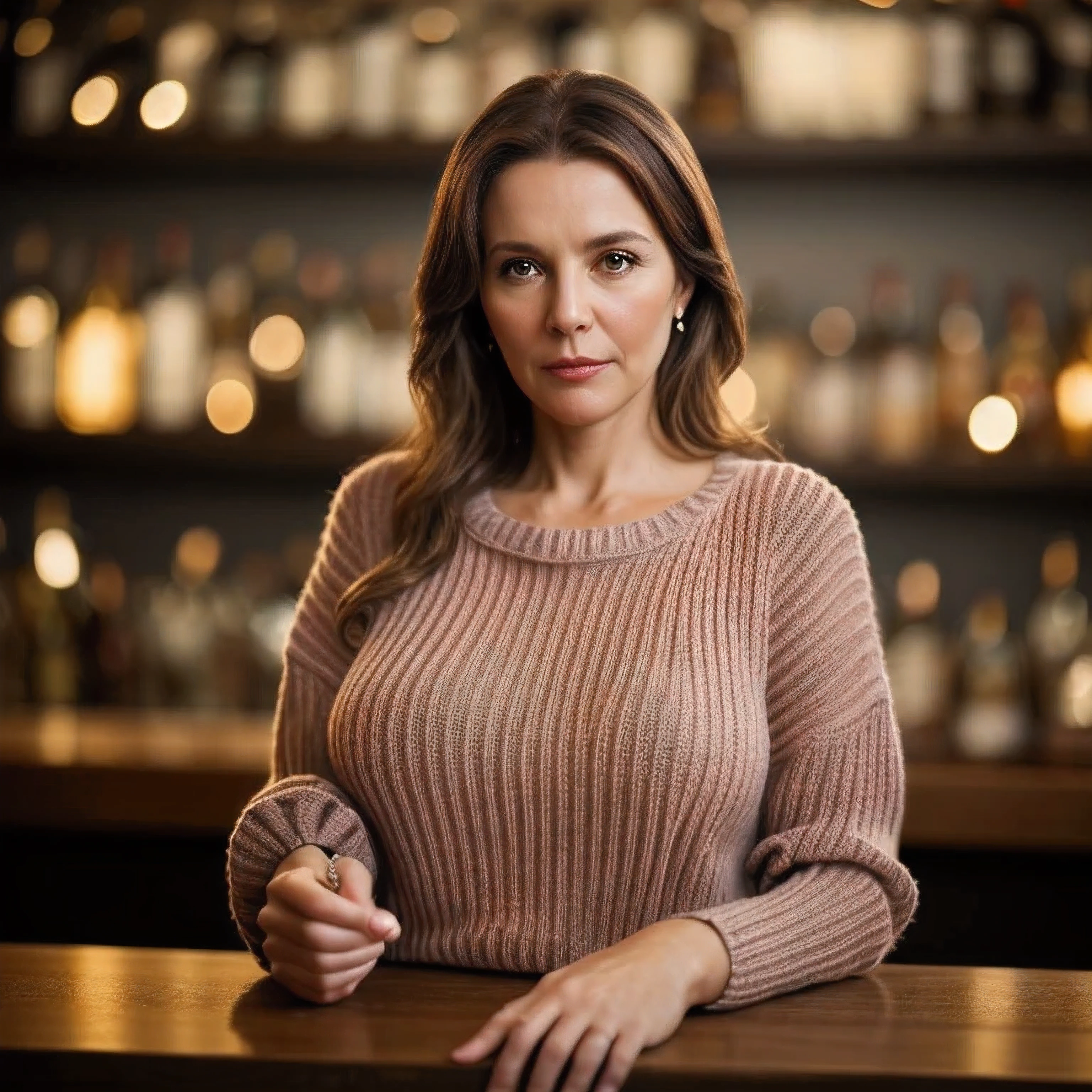Portrait of a middle aged German woman holding her breasts, fifty years old, cute face, slim and thin body, Torptits, (large saggy tits:1.1), Huge Nipples, wearing a (Sexxy Sweater:1.2), standing at the bar, bokeh background, simple background, (highly detailed skin:1.0), (masterpiece:1.2) (photorealistic:1.2) (bokeh) (best quality) (intricate details) (8k) (HDR) (analog film) (canon d5) (cinematic lighting) (sharp focus),
