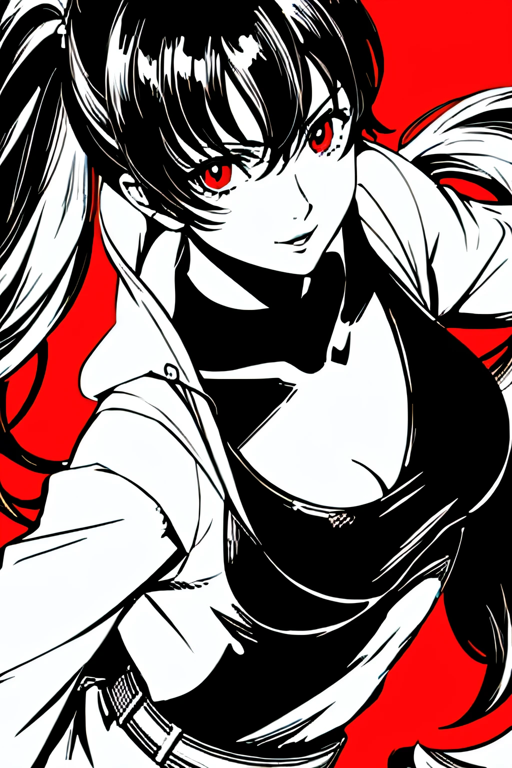 red_black_white,(masterpiece, highest quality:1.3), 1 girl, cel shading, bold outline, flat color, sharp shadows, graphic style, (Manga influence), beautiful line drawing, (striking visuals),colorful background