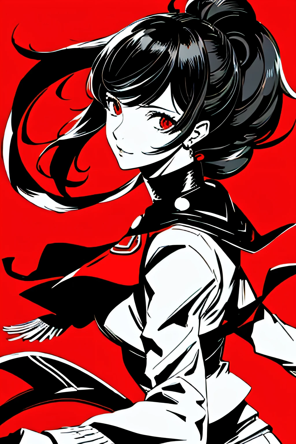 red_black_white,(masterpiece, highest quality:1.3), 1 girl, cel shading, bold outline, flat color, sharp shadows, graphic style, (Manga influence), beautiful line drawing, (striking visuals),colorful background