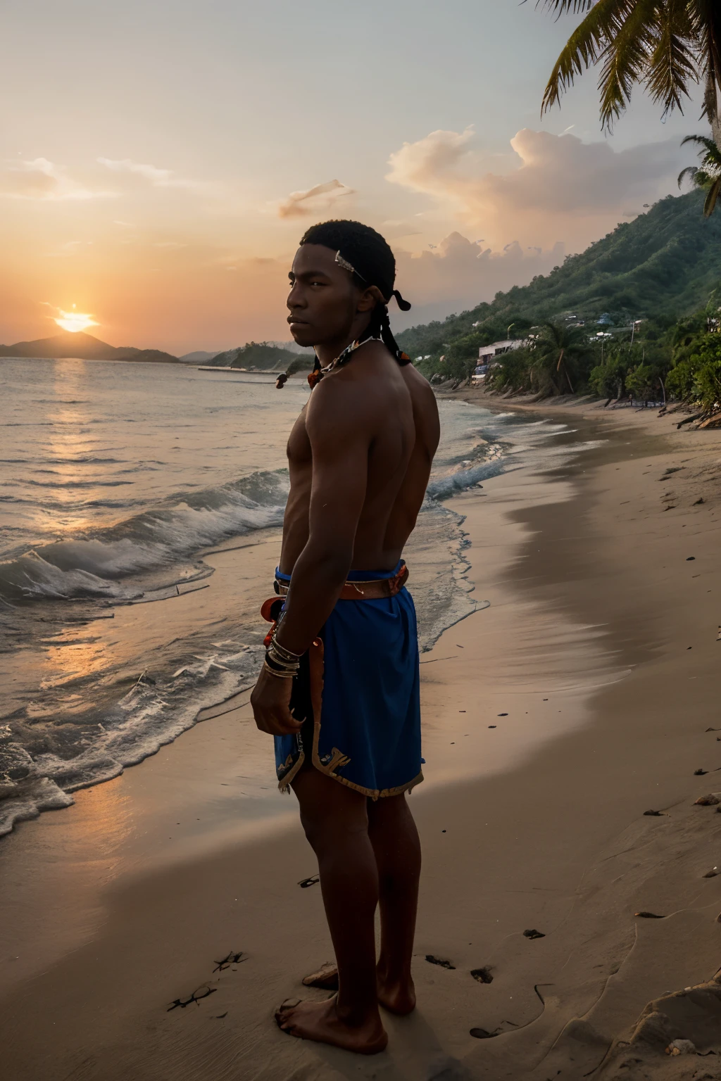 Taino warrior man looking out into the sunset on the pristine shores of Ayiti
