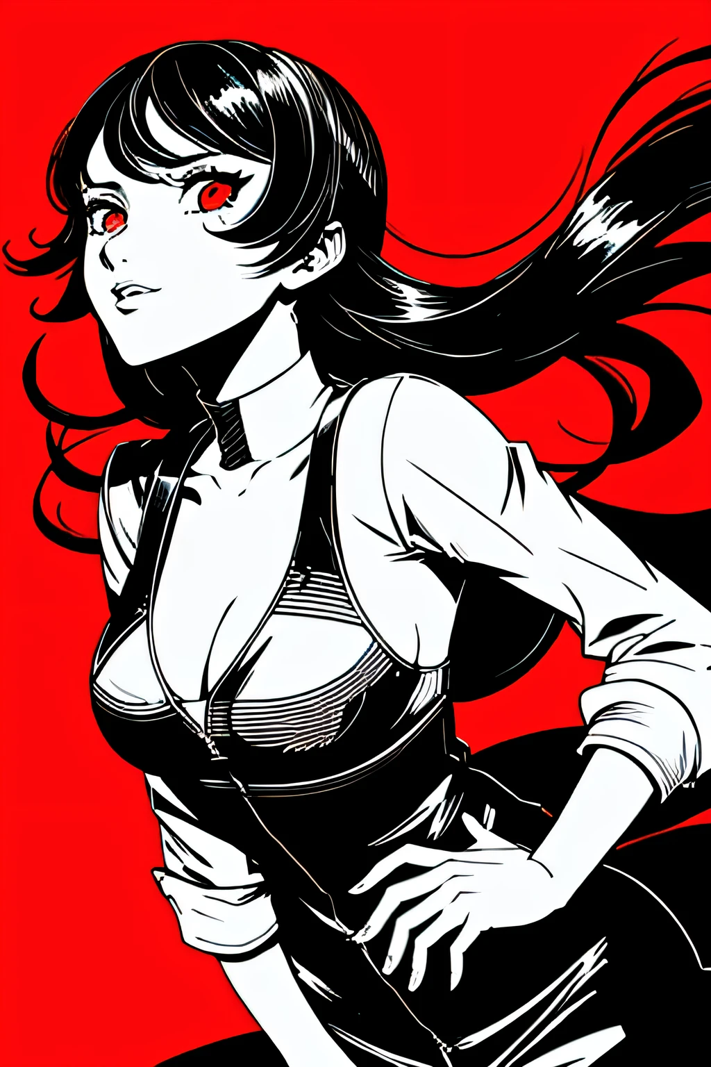 red_black_white,(masterpiece, highest quality:1.3), 1 girl, cel shading, bold outline, flat color, sharp shadows, graphic style, (Manga influence), beautiful line drawing, (striking visuals),colorful background