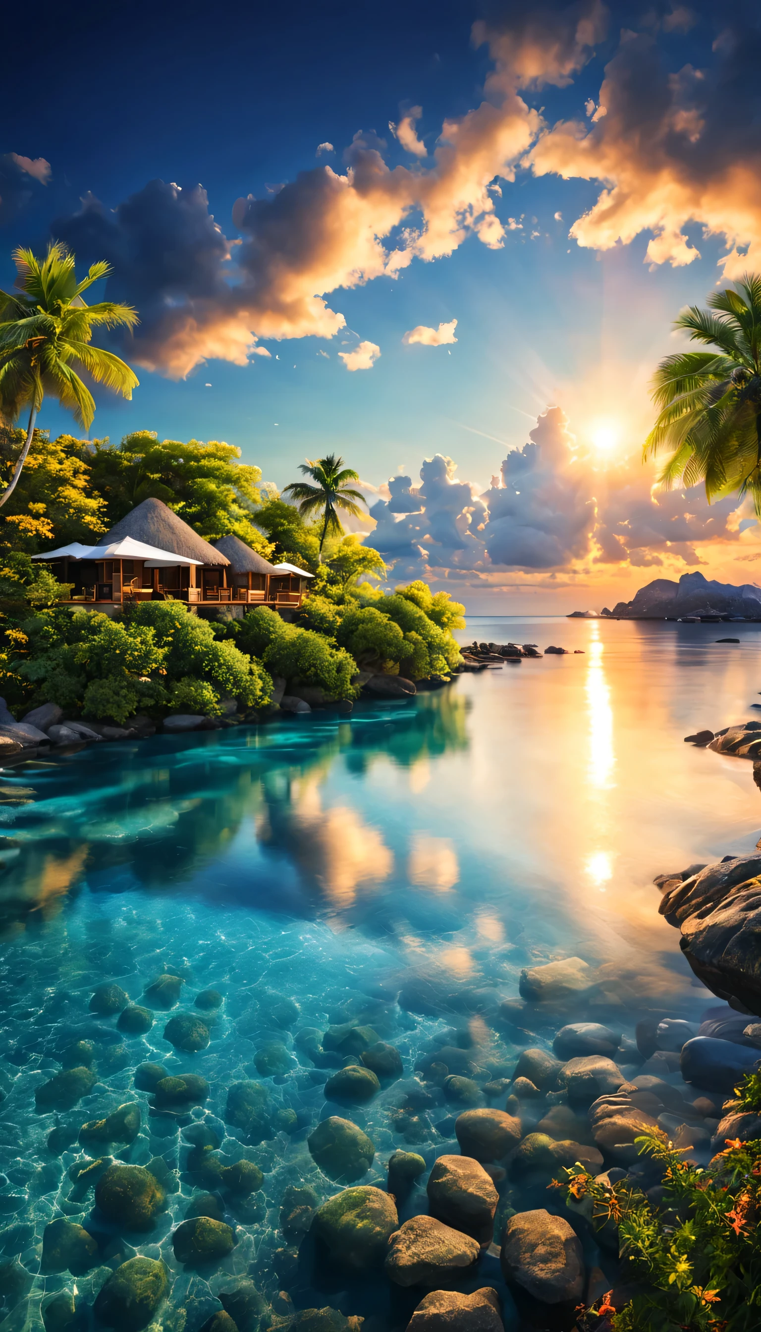 最高のリゾート地の風景photograph,beautiful sea,高品質でwonderful家具:designer furniture,A beautiful sky spreads out,dream-like,summer sunshine,cloud,sky blue,Marine Blue,wonderful景色が広がります,Luxury Resorts,luxurious space,Velar,An environment surrounded by rich nature,the best time for you,highest quality,photograph,structurally correct,perfect composition,広告用に撮影されたphotograph,beautiful light and shadow,Photographed by a professional photographer,Selected as the best resort,rich colors,Cast colorful spells,be familiar with,fantastic,wonderful,maldives,light effect,Sparkling,reflection,sunset,beautiful sunset