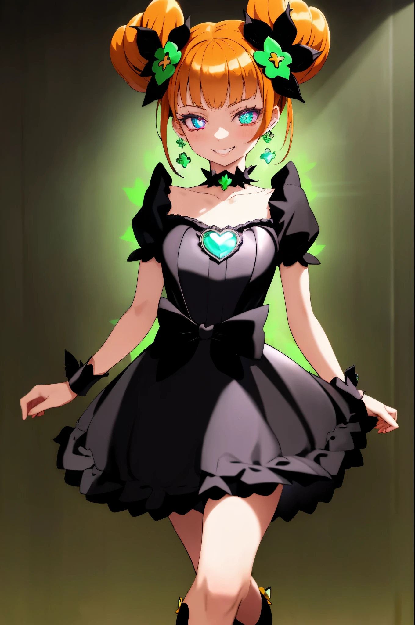 best quality, ultra detailed,1girl, solo, aaalice, yellow eyes, orange hair, long hair, twintails, double bun, hair ornament, hair flower, earrings, green choker, magical girl, heart brooch, dress, (black dress:1.2), black shorts, puffy short sleeves, black dress, wrist cuffs, waist bow, skirt, boots, knee boots, black skirt with frills, small breast, black enamel boots, evil smile, devilish aura (shiny fabric:1.5), full body shot, purple gem, seductive, blush, (beautiful detailed eyes:1.6), extremely detailed face, perfect lighting, extremely detailed CG, (perfect hands, perfect anatomy), devil, red and black color scheme, shiny material, smirks, black ribbon, black satin gloves, evil clover leaf ornament, black frills, jewelry, corruption, latex shine, black gothic cloak, evil grin, dark world background, cg style,