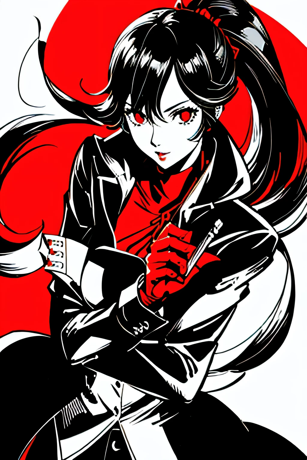 red_black_white,(masterpiece, highest quality:1.3), 1 girl, cel shading, bold outline, flat color, sharp shadows, graphic style, (Manga influence), beautiful line drawing, (striking visuals),colorful background