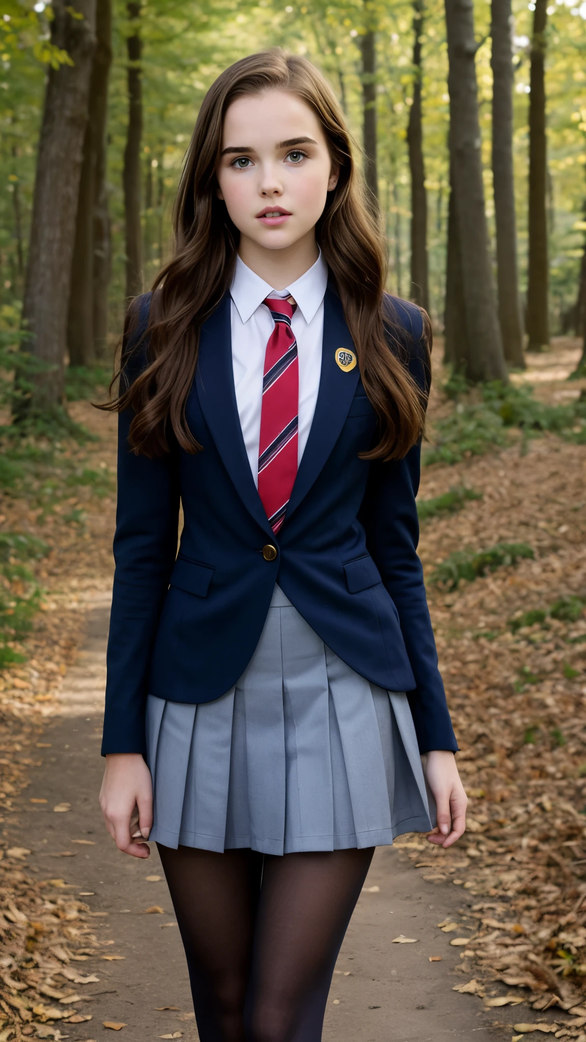 Zoey Deutch, school uniform, pantyhose, forest