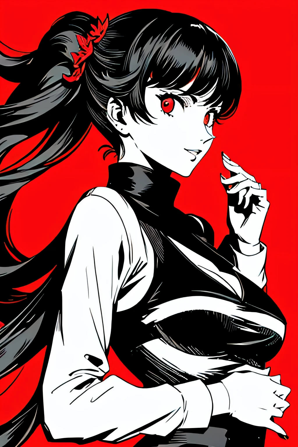 red_black_white,(masterpiece, highest quality:1.3), 1 girl, cel shading, bold outline, flat color, sharp shadows, graphic style, (Manga influence), beautiful line drawing, (striking visuals),colorful background