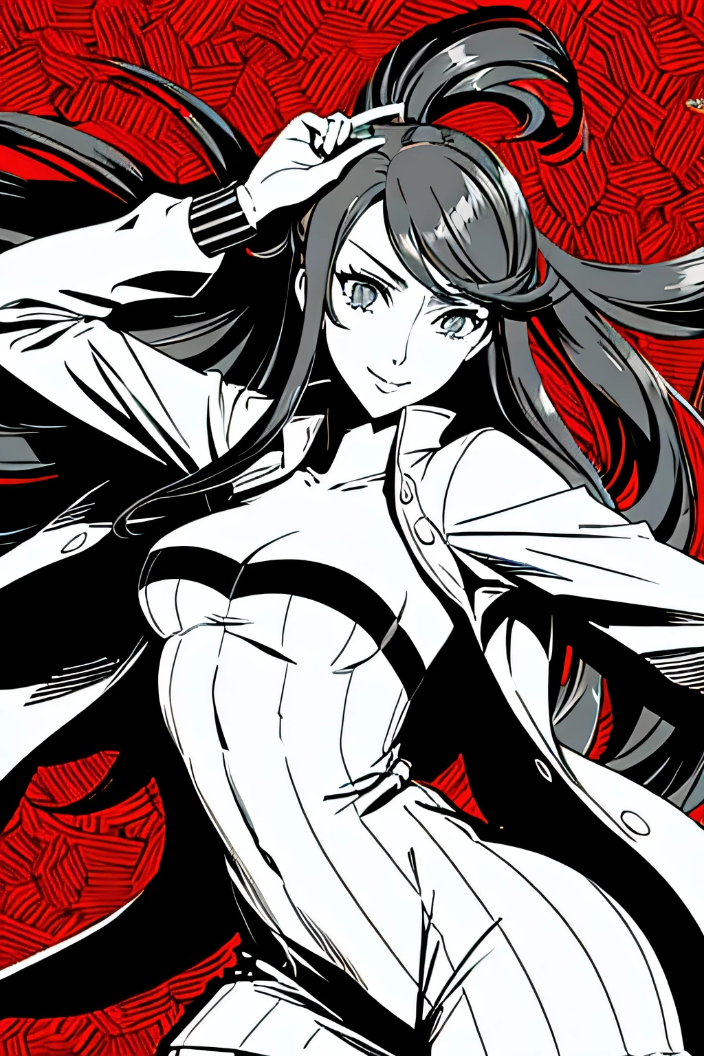 red_black_white,(masterpiece, highest quality:1.3), 1 girl, cel shading, bold outline, flat color, sharp shadows, graphic style, (Manga influence), beautiful line drawing, (striking visuals),colorful background