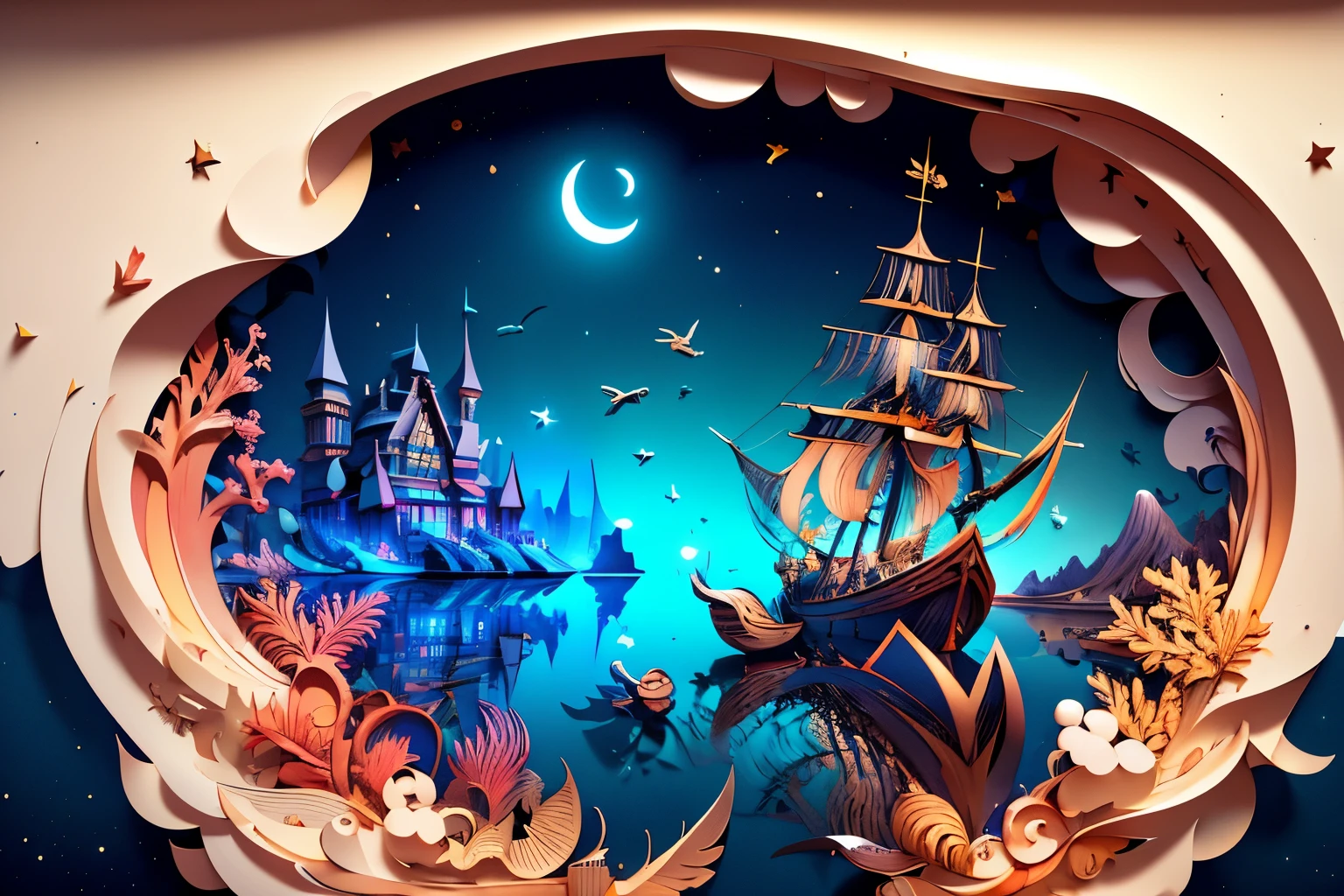 (((masterpiece))),best quality, illustration, sky, cloud, water, star \(symbol\), tree, no humans, night, bird, moon, building, star \(sky\), night sky, scenery, starry sky, watercraft, castle, ship, waves, tower, boat. vibrant color scheme, Soft light,(warm color:1.2),Water color painting, light background, best quality exquisite details,3d rendering,Octane render, pastel, paper_cut