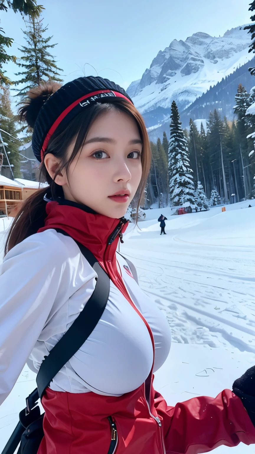 A winter resort with beautiful busty skiers
