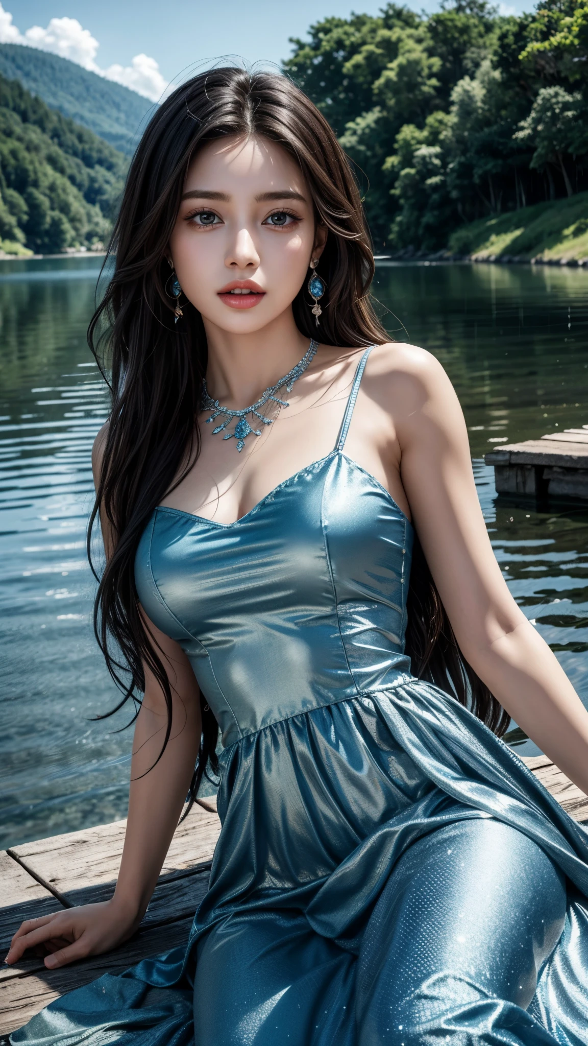 8K, ultra hd, masterpiece, very realistic, 1 girl, good face, very long hair, detailed eyes, detailed lips, medium breasts, very beautiful princes frock, blue frock, diamonds, jewellery, necklace, earring, lake, landscape, sitting,