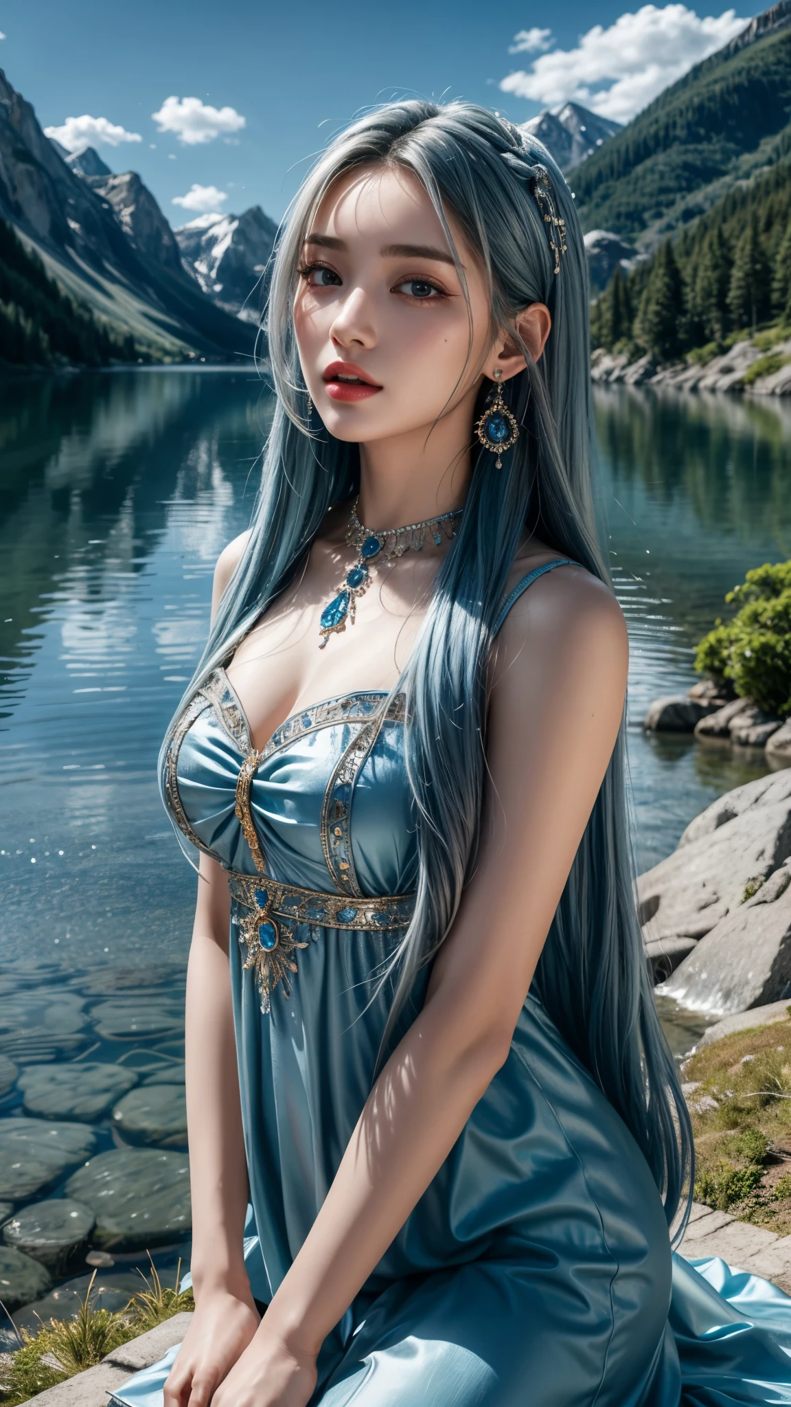 8K, ultra hd, masterpiece, very realistic, 1 girl, good face, very long hair, detailed eyes, detailed lips, medium breasts, very beautiful princes frock, blue frock, diamonds, jewellery, necklace, earring, lake, landscape,