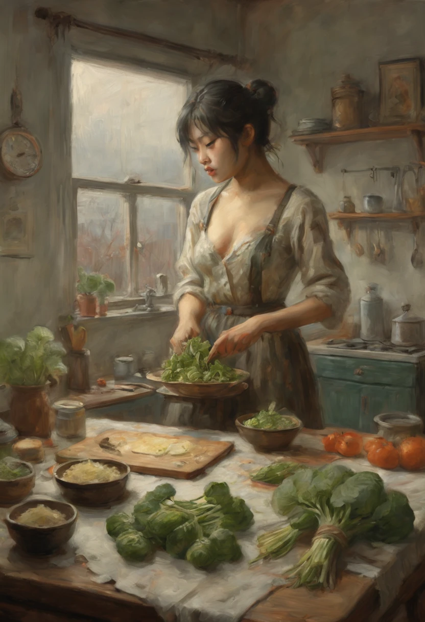 best quality, winter night scene , one japanese girl in Lingerie , cutting Butterbur sprout on cutting board with a knife, standing in kitchen , kawaii , big bright eyes , Looking at object in hand , Silhouette , view from bed, Long shot , Full body shot , shoot from side , cold atmosphere, delicate figure, warmth in cooking, seasonal ambiance , high-contrast , hyper realistic , ultra detailed , intricate detailed , 16k , masterpiece , finely detailed , ultra high res , Photorealistic , distinct , best aesthetic.
