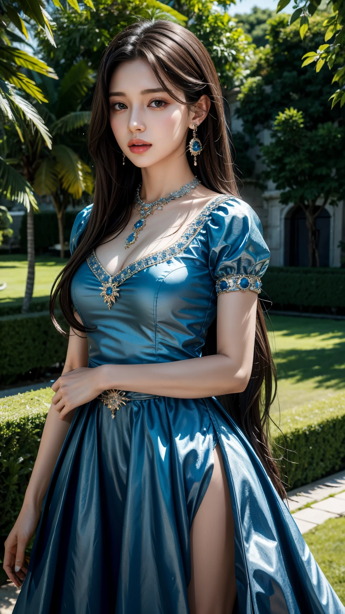 8K, ultra hd, masterpiece, very realistic, 1 girl, good face, very long hair, detailed eyes, detailed lips, medium breasts, very beautiful princes frock, blue frock, diamonds, jewellery, necklace, earring, in the heaven, 